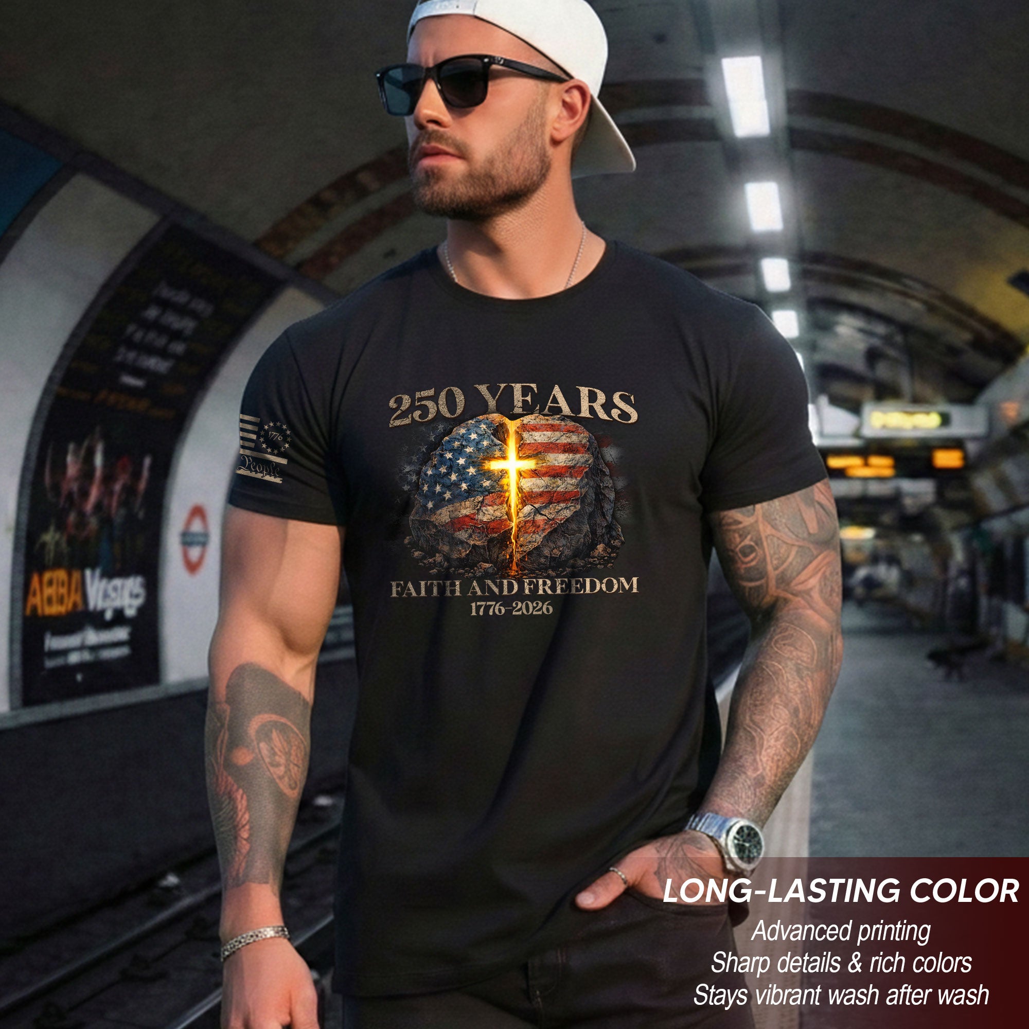 Faith and Freedom 250 Years T-Shirt - Glowing Cross & American Flag Rock Graphic Tee