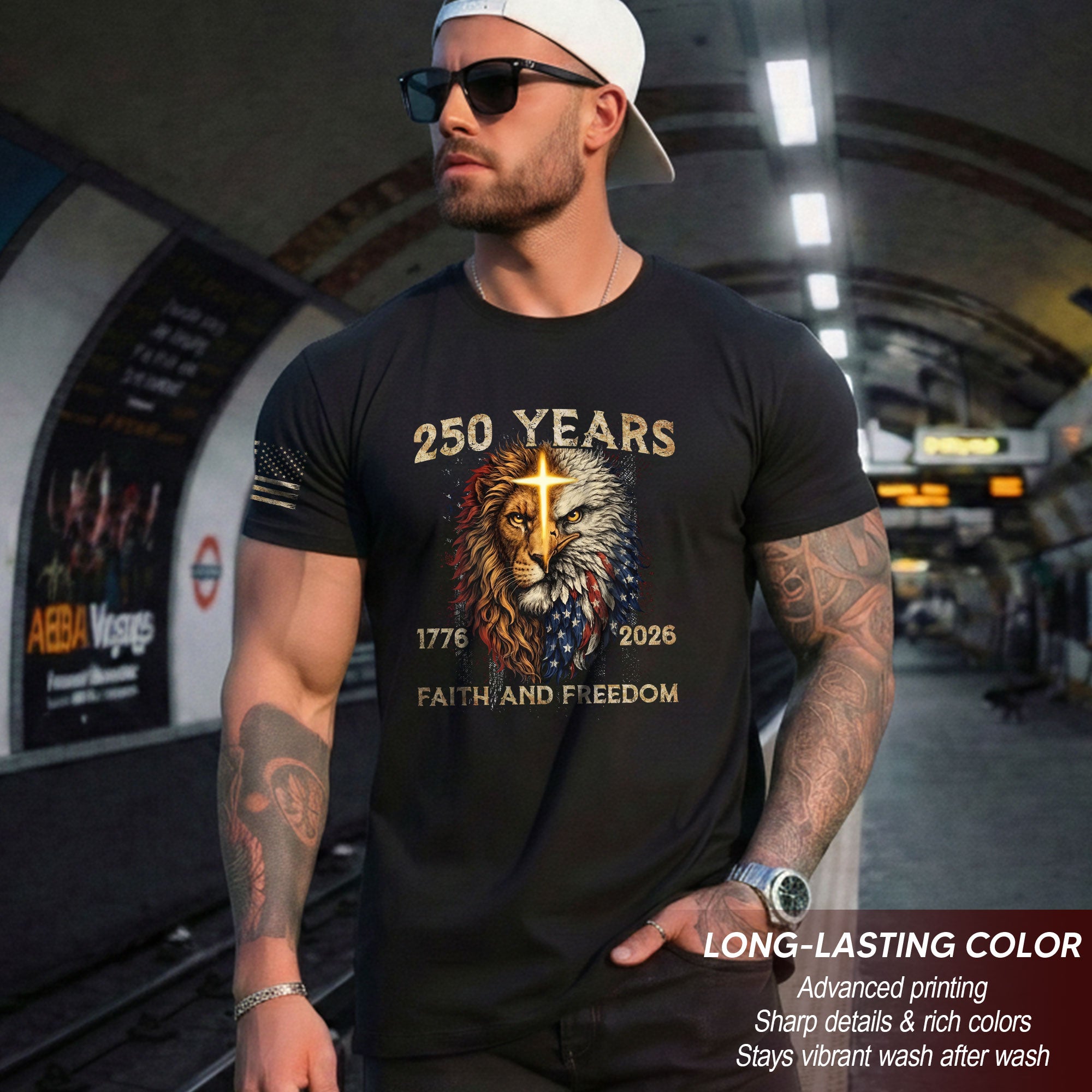 250 Years of Faith and Freedom Shirt - Lion and Eagle Cross Patriotic Strength Statement Graphic Tee