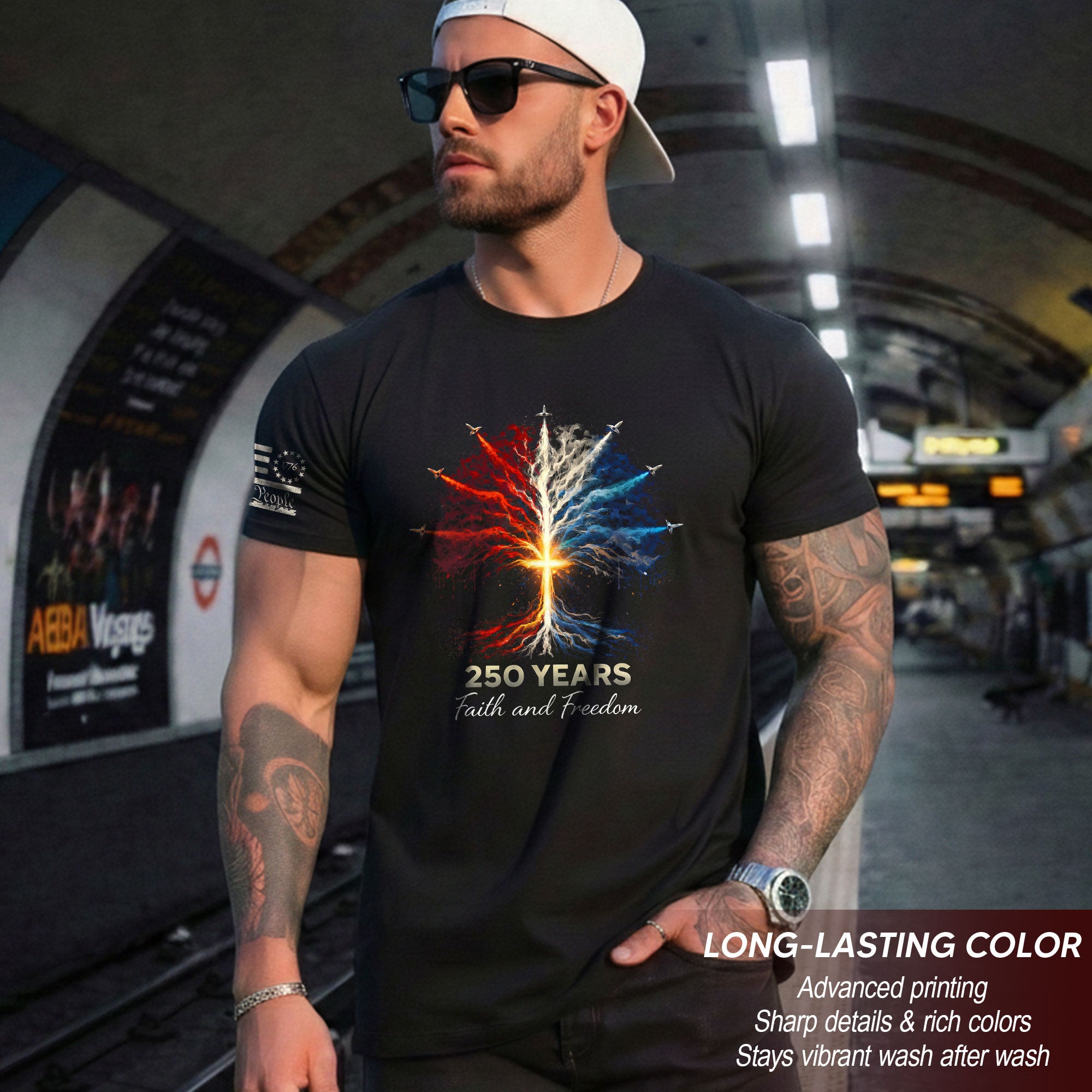 USA Semiquincentennial 250 Years Faith and Freedom 1776–2026 Patriotic Cross Fireworks T-Shirt