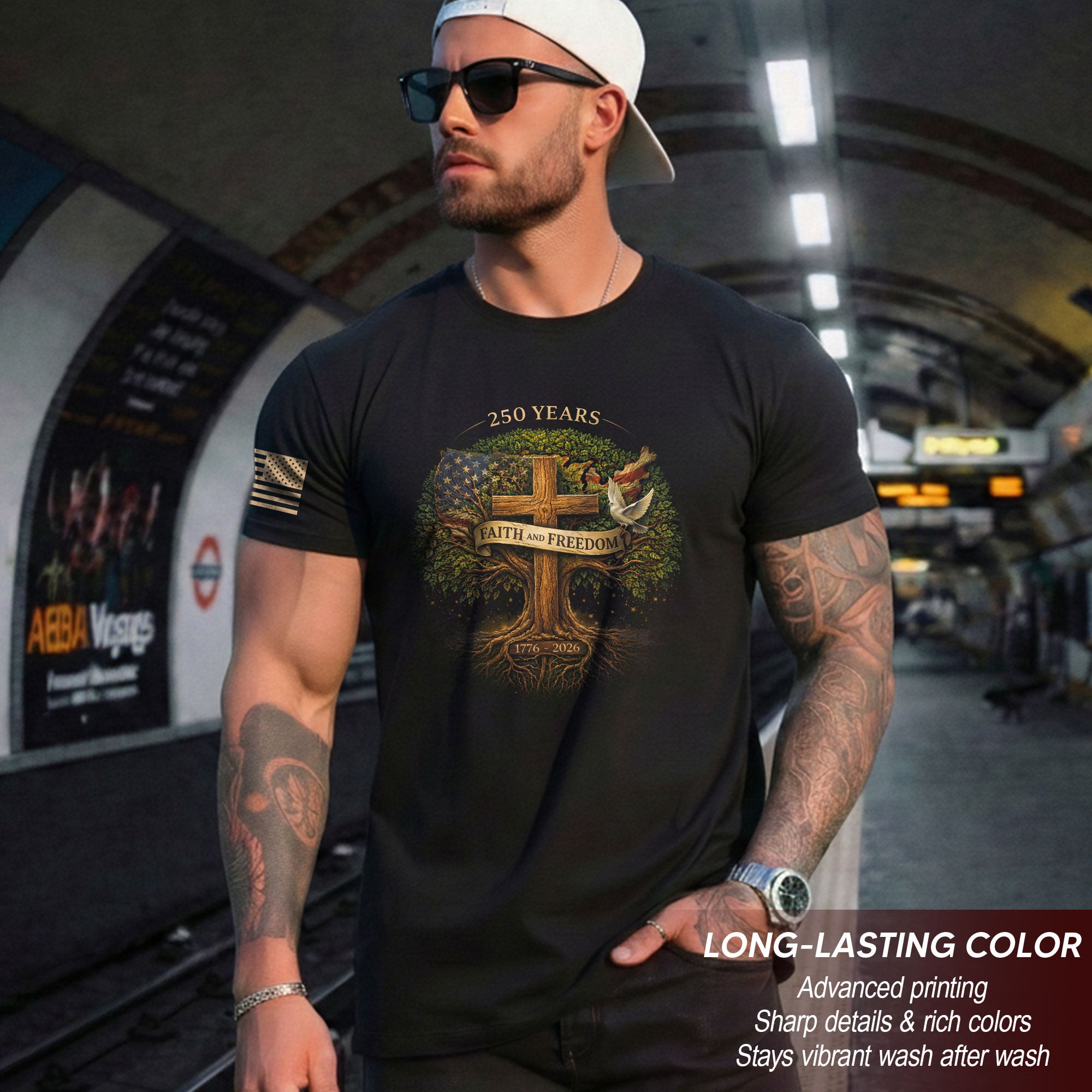 America 250th Anniversary T-Shirt 1776-2026 – Faith and Freedom Tree of Life Christian Patriotic Flag Tee