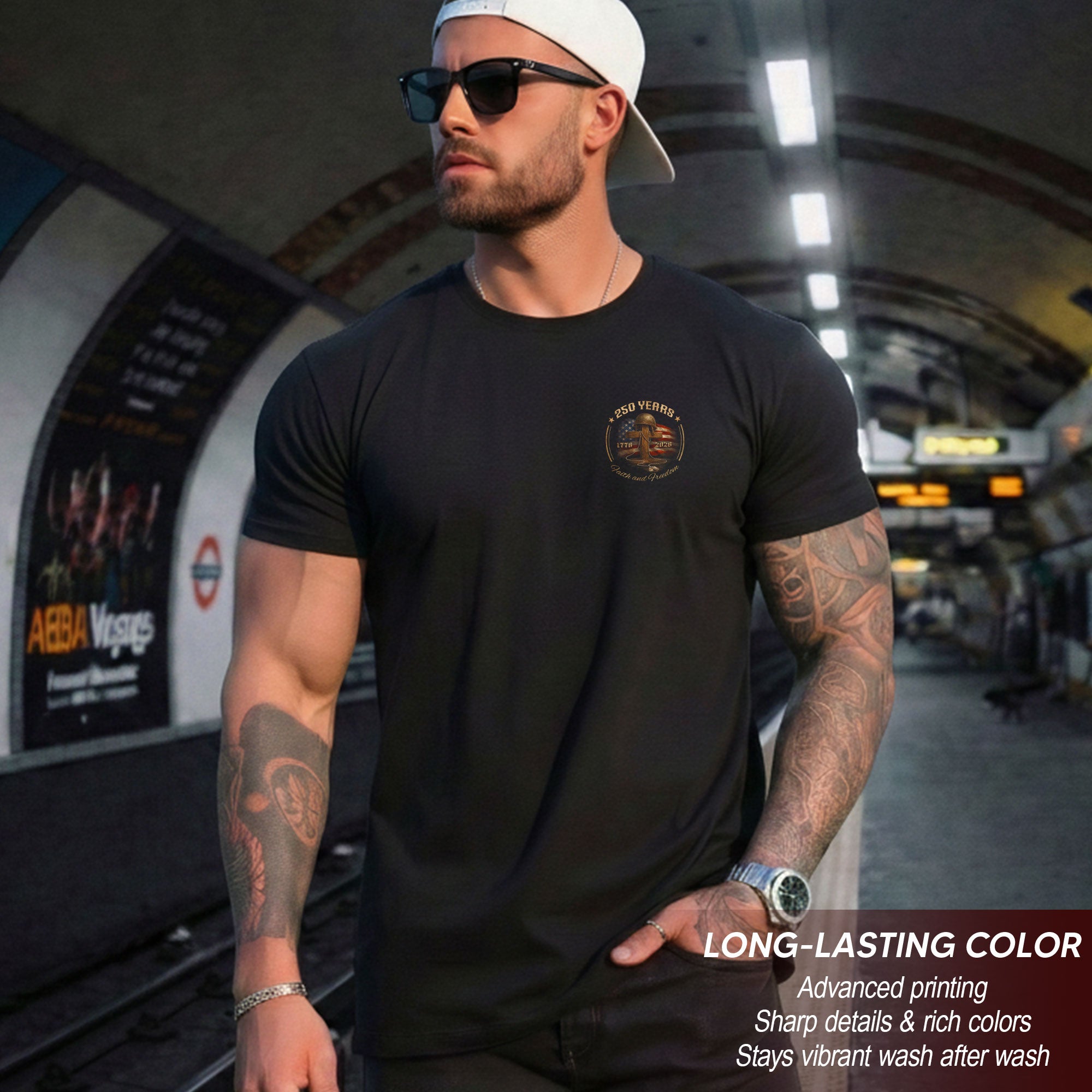 America 250th Anniversary 1776-2026 Semiquincentennial T-Shirt – 250 Years Faith and Freedom Battlefield Cross Soldier Boots Helmet Patriotic Tee