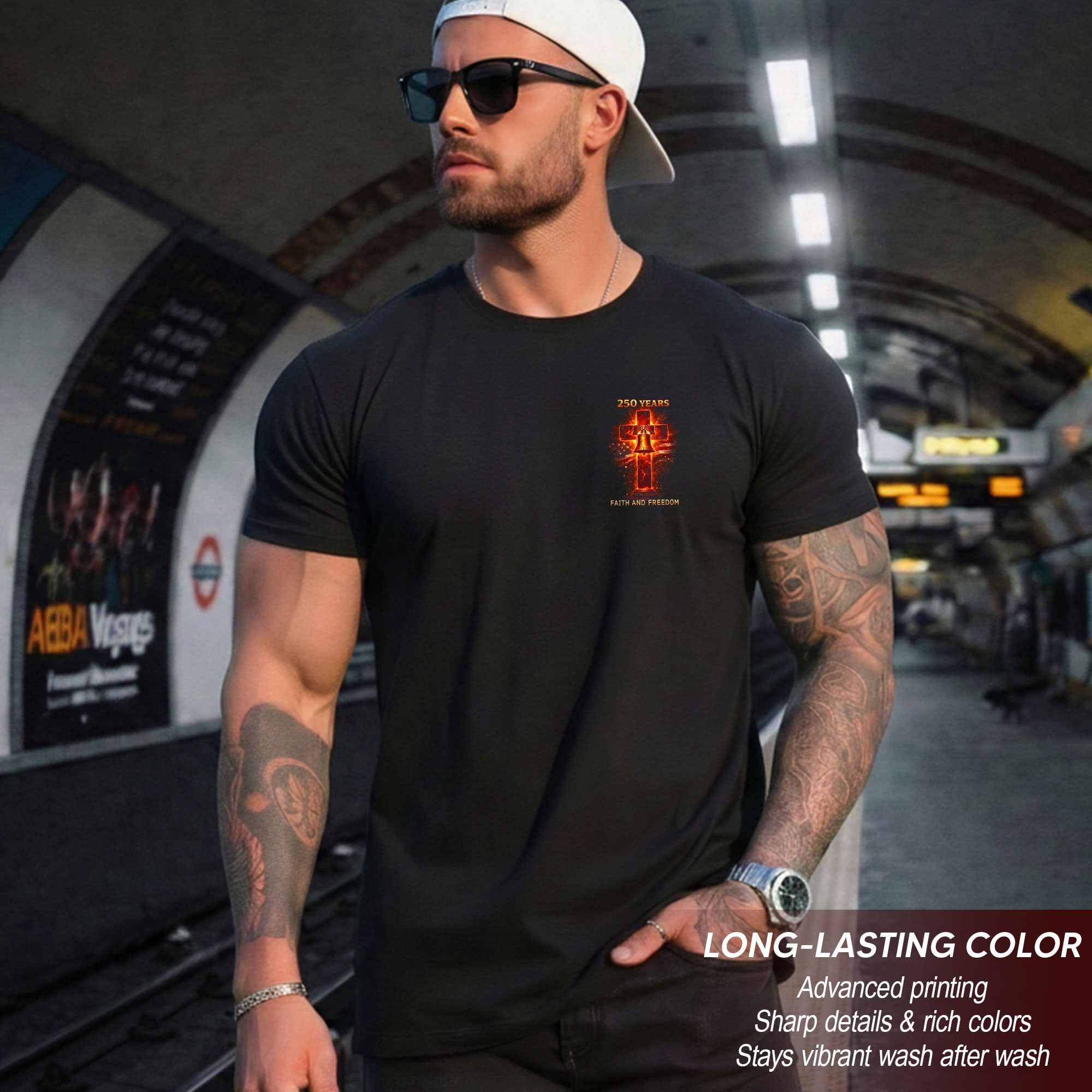 USA 250th Anniversary 1776-2026 Semiquincentennial T-Shirt – Fire Cross Liberty Bell Faith and Freedom Patriotic America 250 Tee