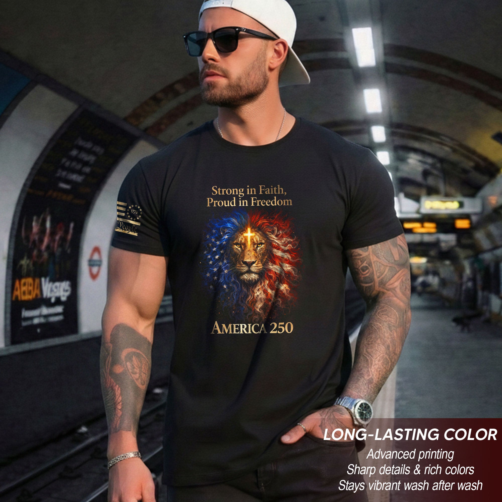 America 250th Anniversary 1776-2026 Semiquincentennial T-Shirt – Strong in Faith Proud in Freedom Lion Cross Patriotic Tee