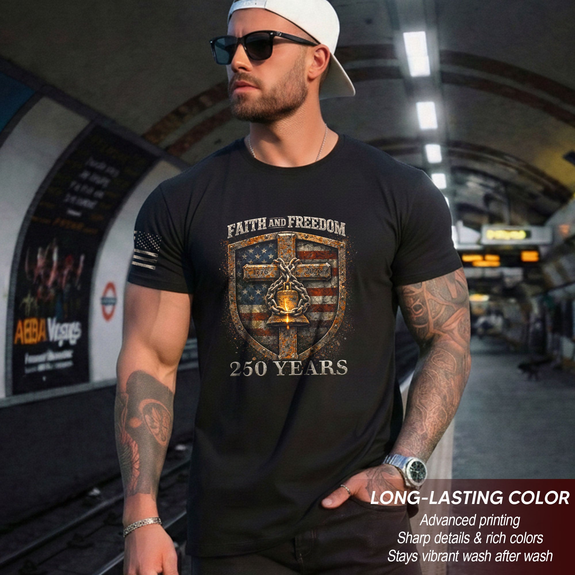 America 250th Anniversary 1776-2026 Semiquincentennial T-Shirt – Shield of Faith Freedom Christian Liberty Bell Patriotic Shirt for Men