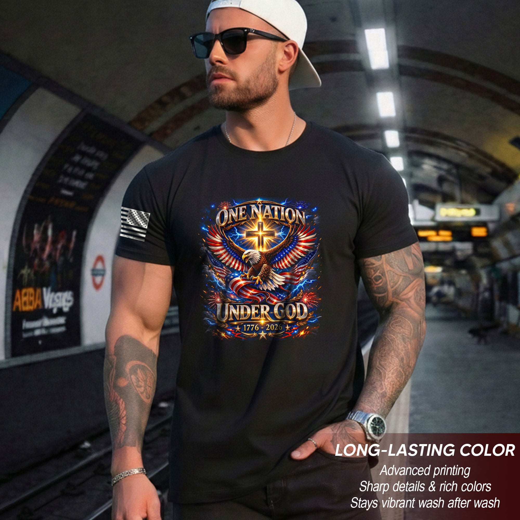 America 250th Anniversary 1776-2026 T-Shirt – USA Eagle & Cross Flag One Nation Under God 250 Years of Faith Patriotic Bootleg Shirt