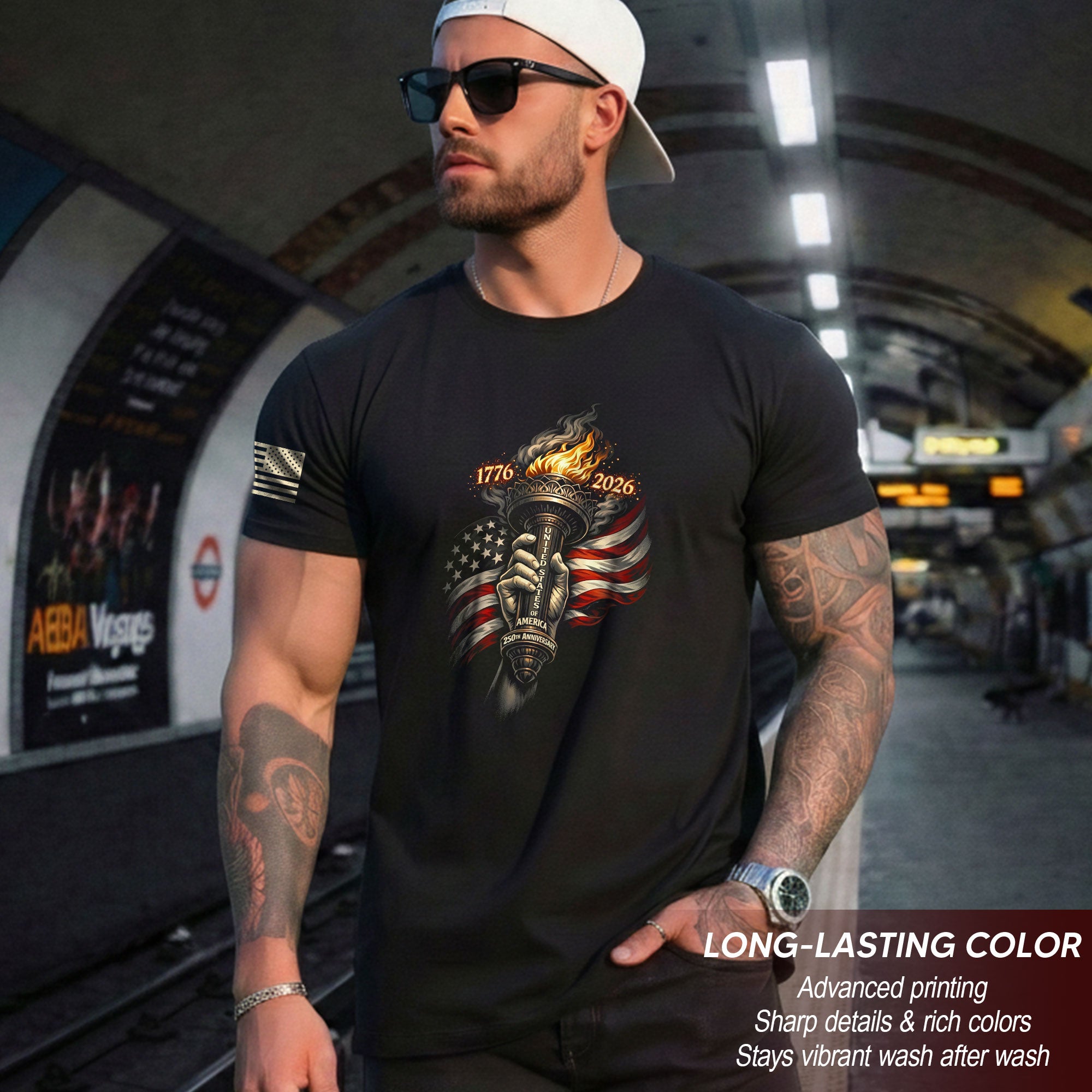 1776-2026 250th Anniversary Patriotic T-Shirt – Statue of Liberty Torch & USA Flag Freedom Tee