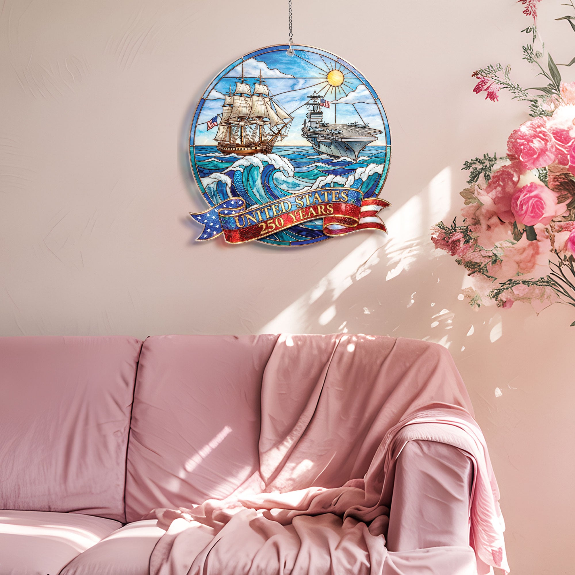 United States 250 Years Naval History Ship and Aircraft Carrier Acrylic Suncatcher Ornament