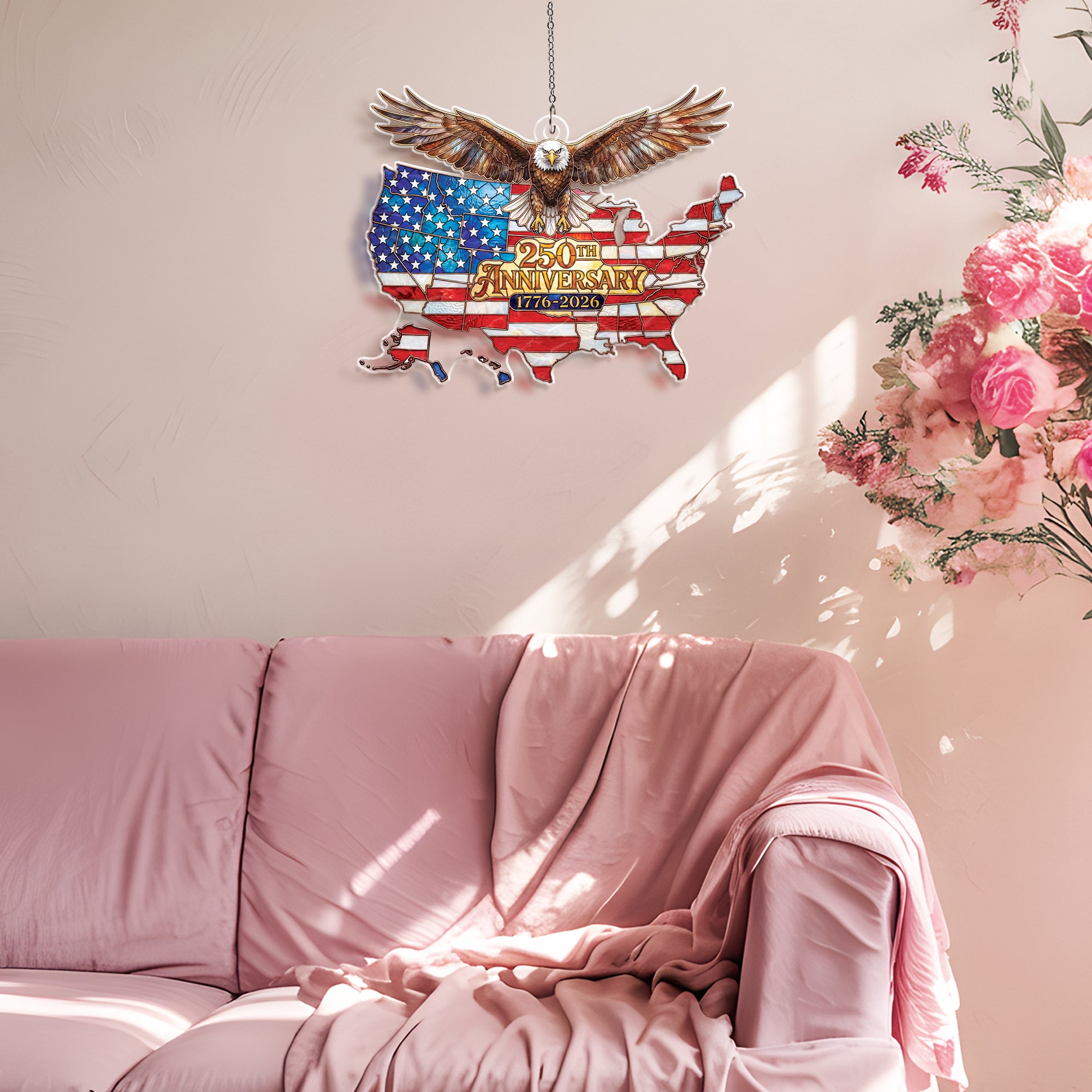 America 250th Anniversary 1776-2026 USA Map and Bald Eagle Acrylic Suncatcher Ornament