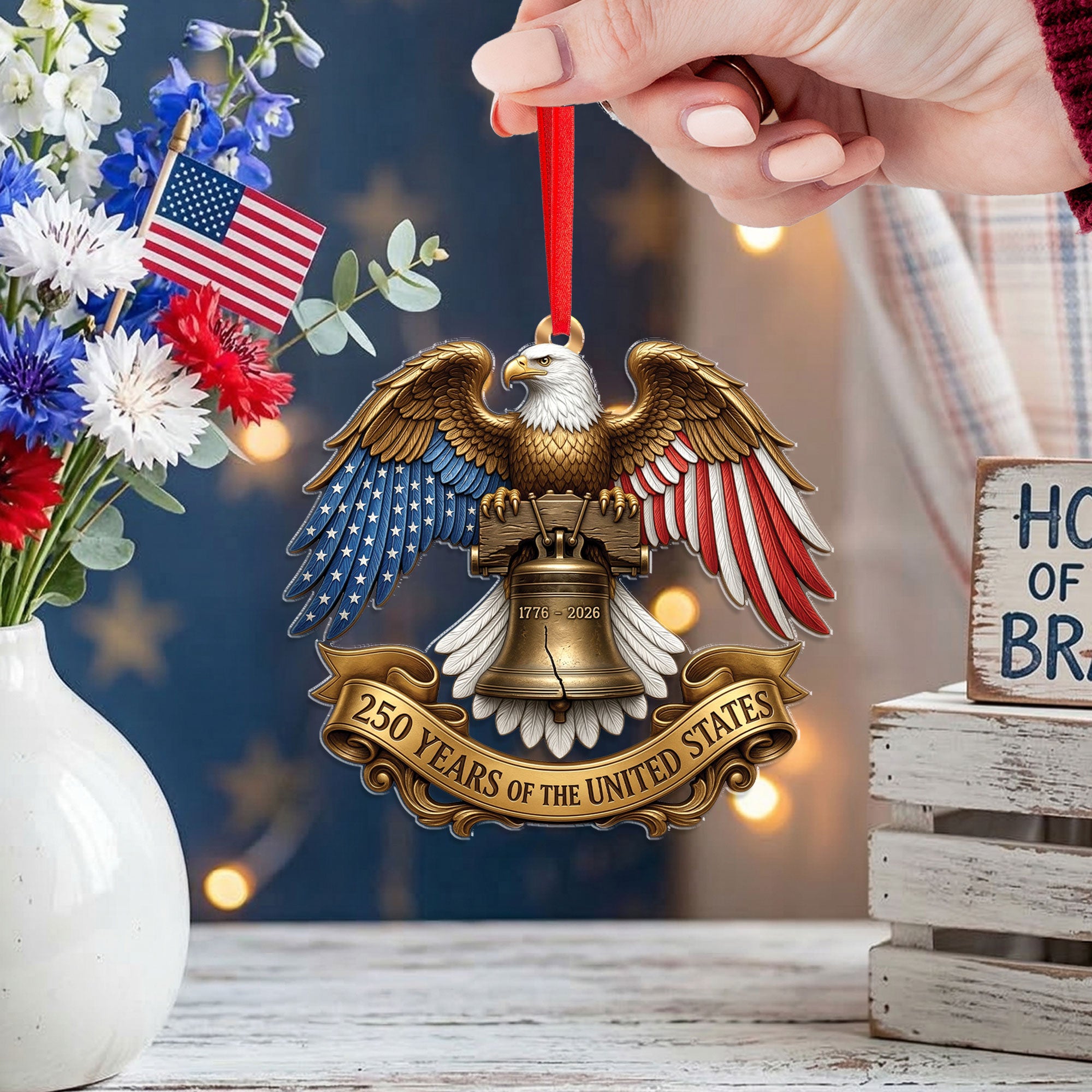 250 Years United States 1776-2026 Golden Ribbon Liberty Bell Eagle Acrylic Ornament