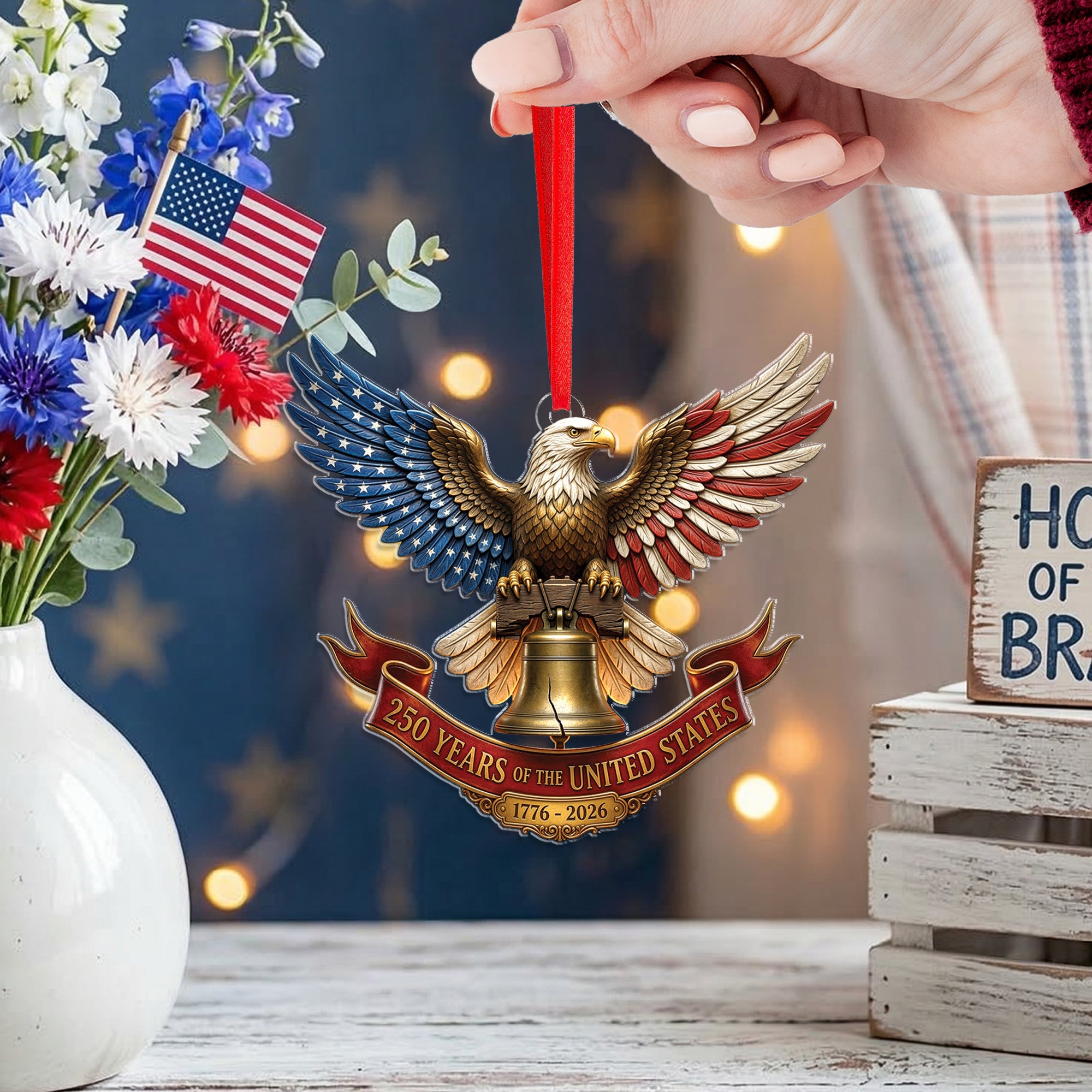 United States 250 Years 1776-2026 Patriotic Red Ribbon Liberty Bell Acrylic Ornament