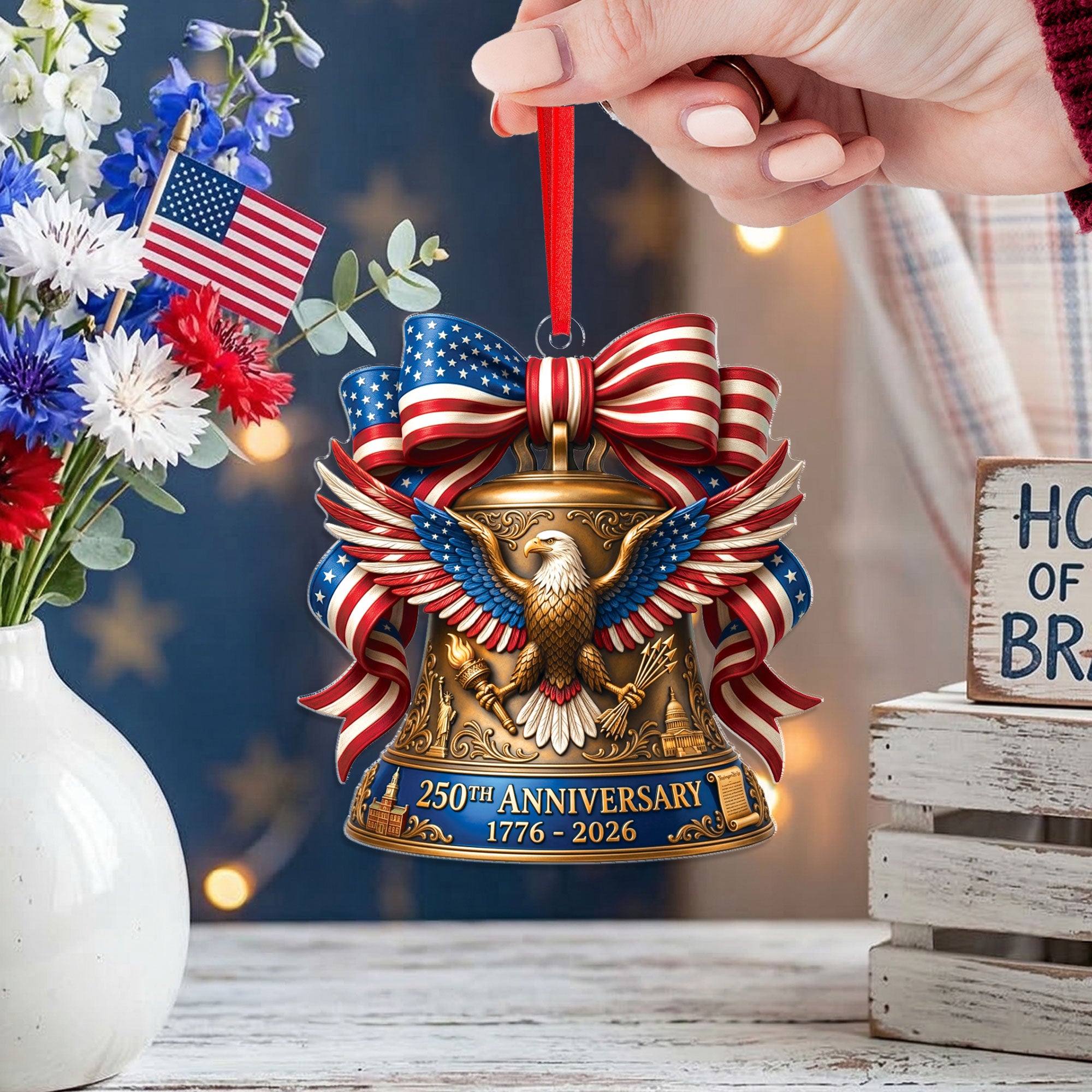 United States 250th Anniversary 1776-2026 Red White Blue Bow Acrylic Ornament Keepsake
