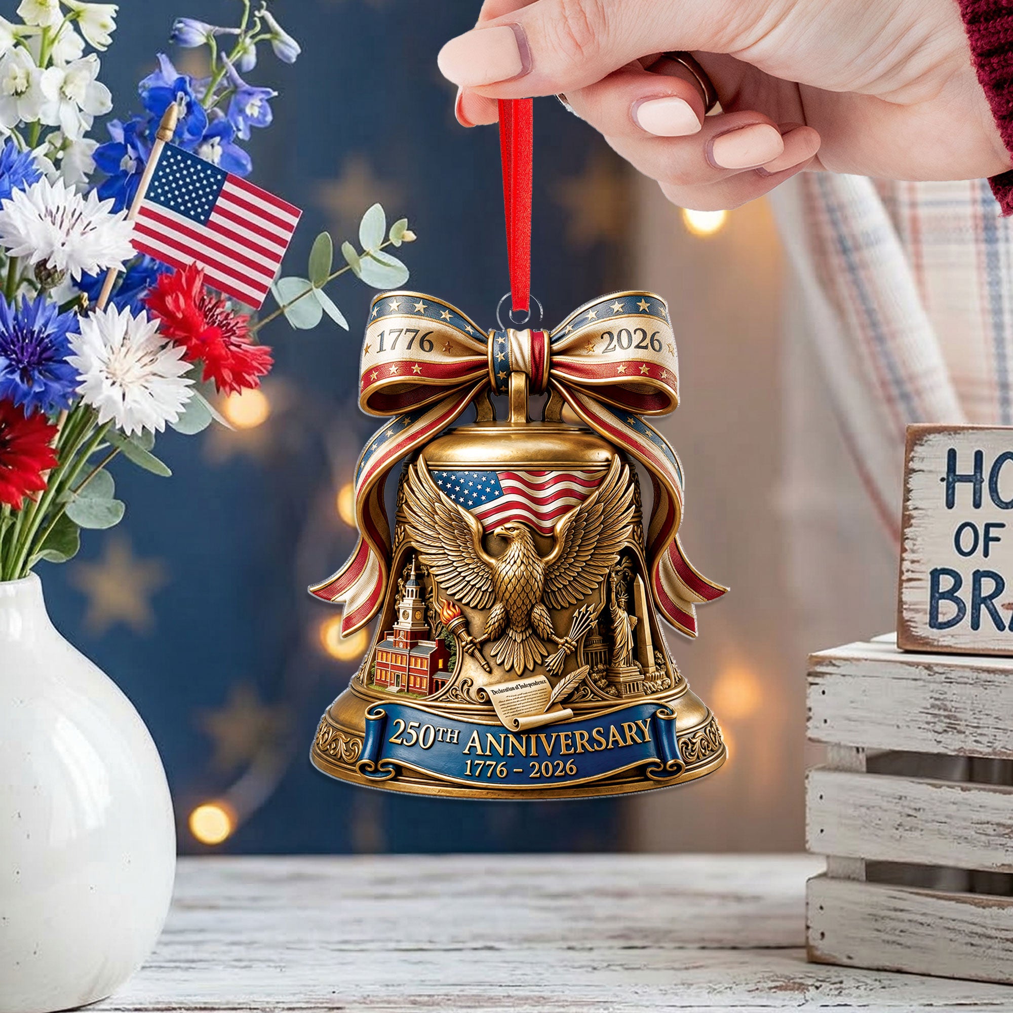 250th Anniversary 1776-2026 Liberty Bell Eagle Stars Bow Flat Acrylic Ornament Gift