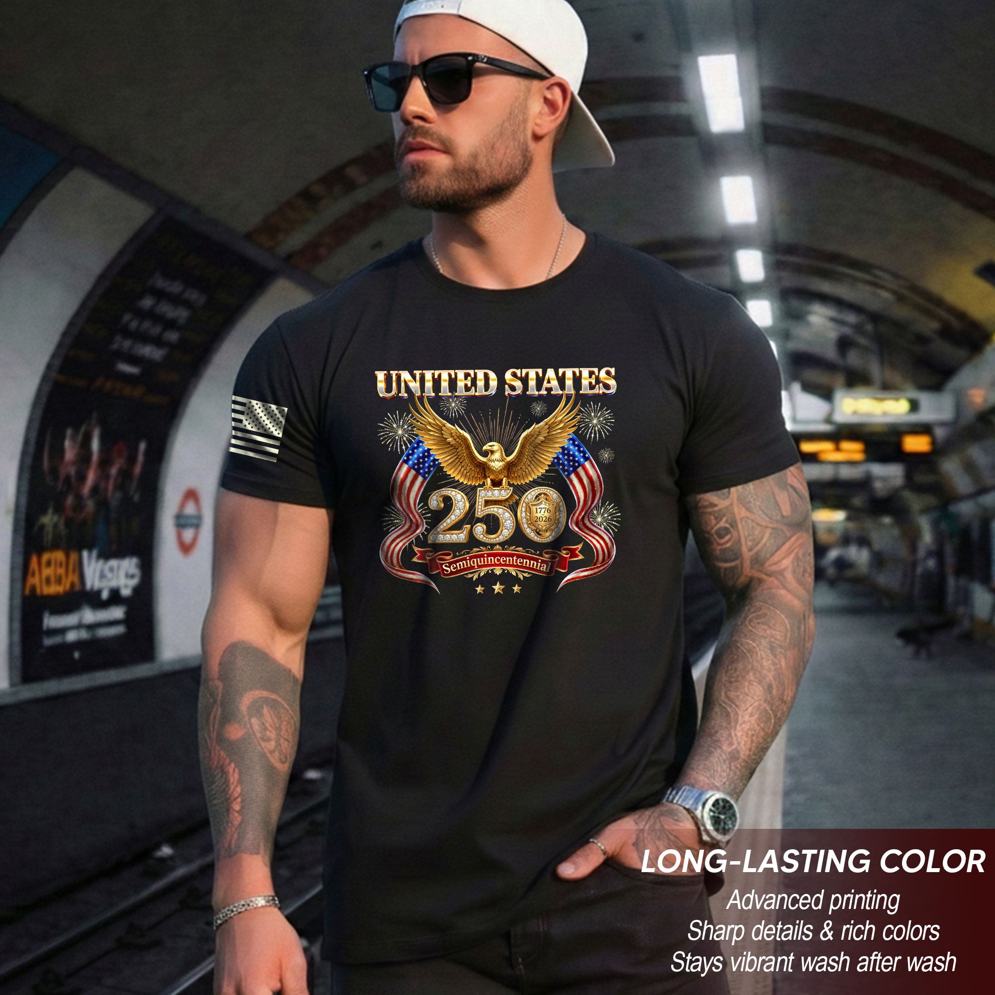 United States 250 Years 1776-2026 T-Shirt - Golden Eagle Patriotic Fireworks Luxury Tee