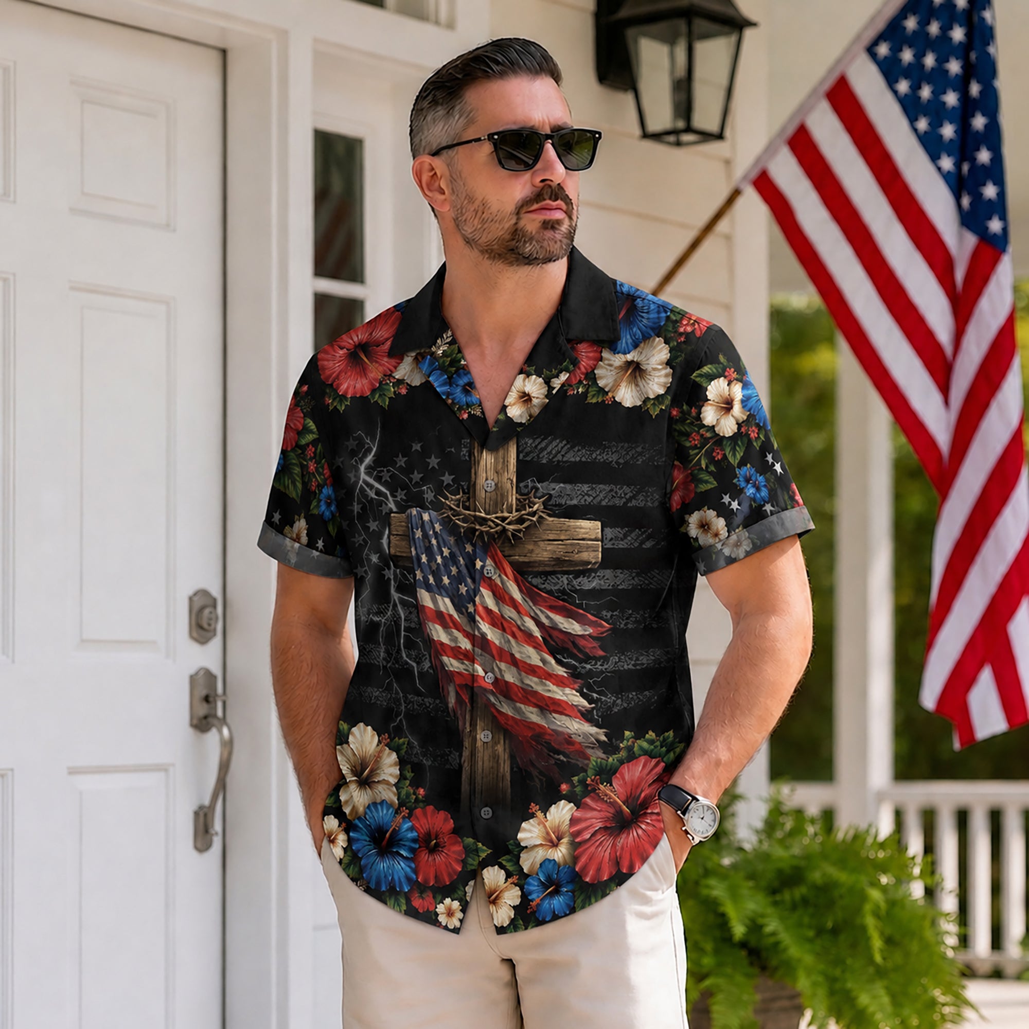 Hawaiian Shirt Christian Under God Cross US Flag 1776 2026 Patriotic Floral