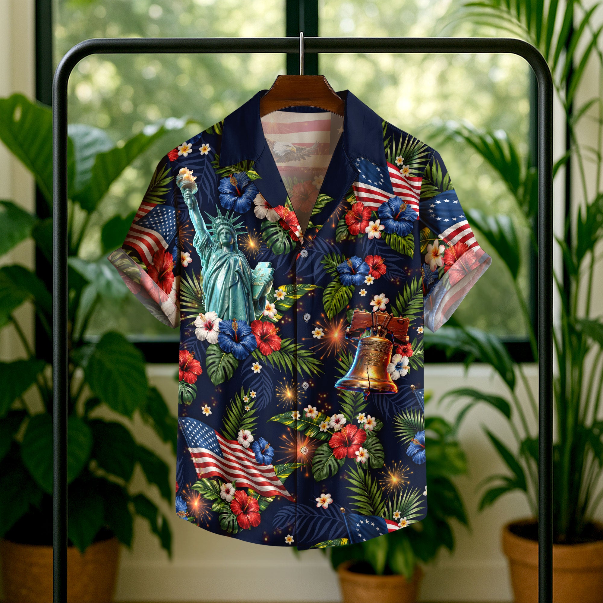 Hawaiian Shirt Patriotic US Flag Hibiscus Floral Eagle Liberty Bell Independence Day