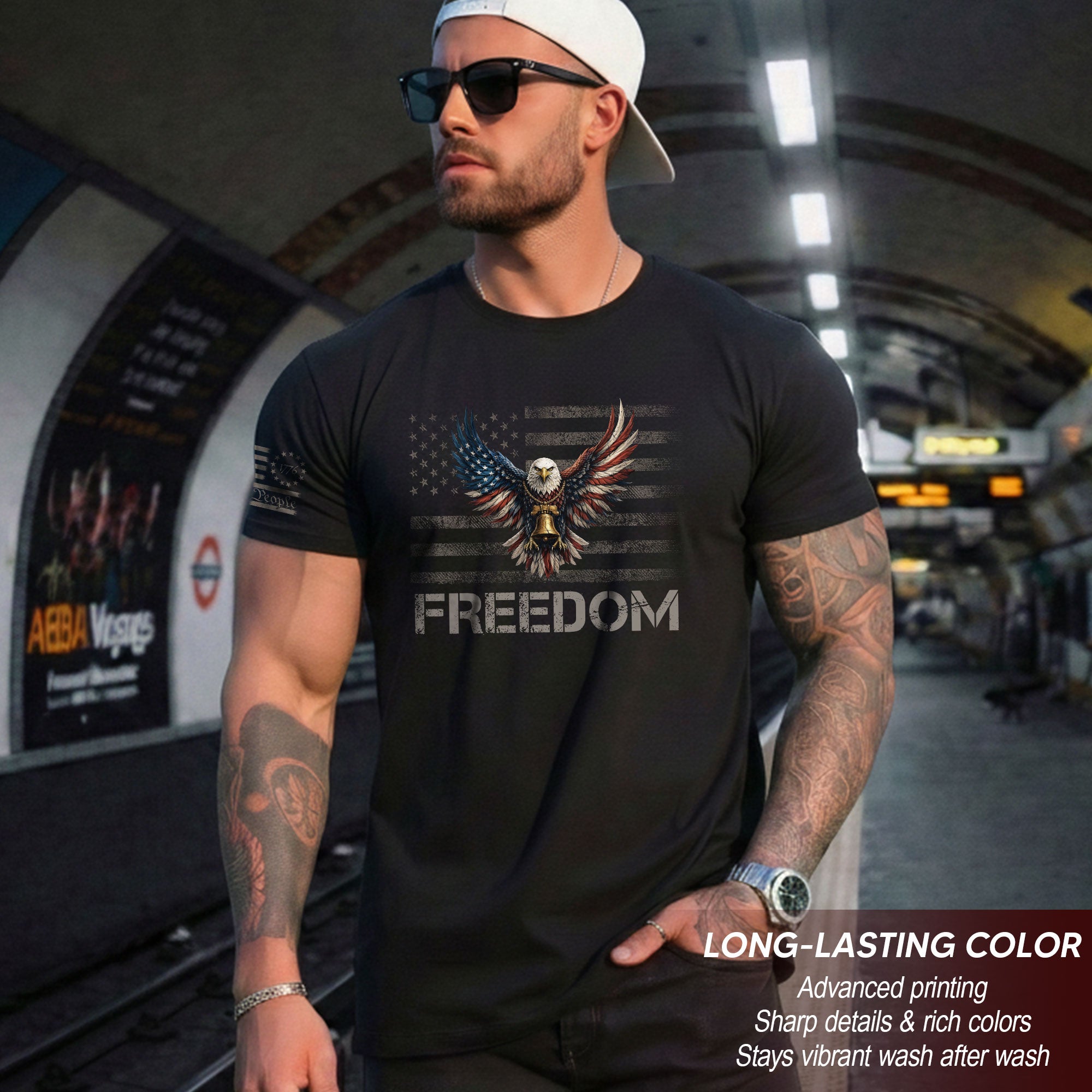 Freedom 2D USA T-Shirt - Patriotic Eagle Liberty Bell Flag Graphic Tee