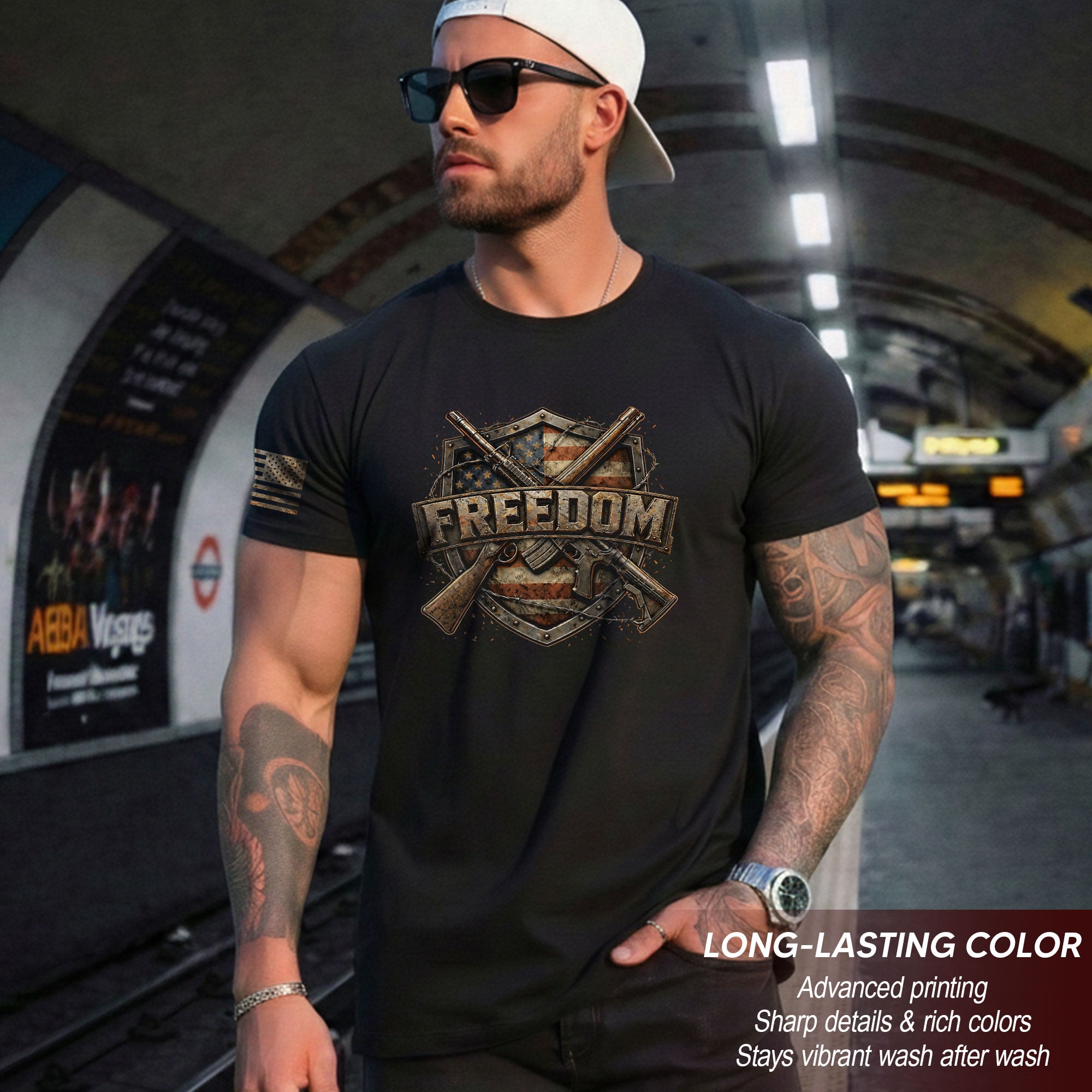 Freedom 2D Shield T-Shirt - Patriotic 2nd Amendment Graphic Tee & American Flag Rifles