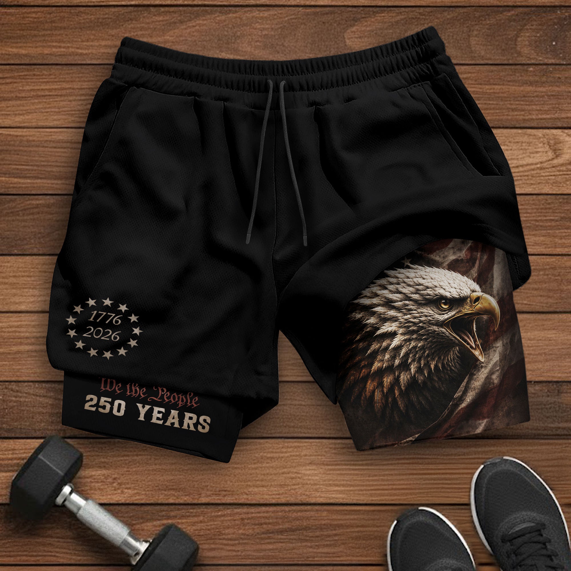 Gym Shorts Men Patriotic 1776 2026 We The People Freedom Eagle Compression Mesh