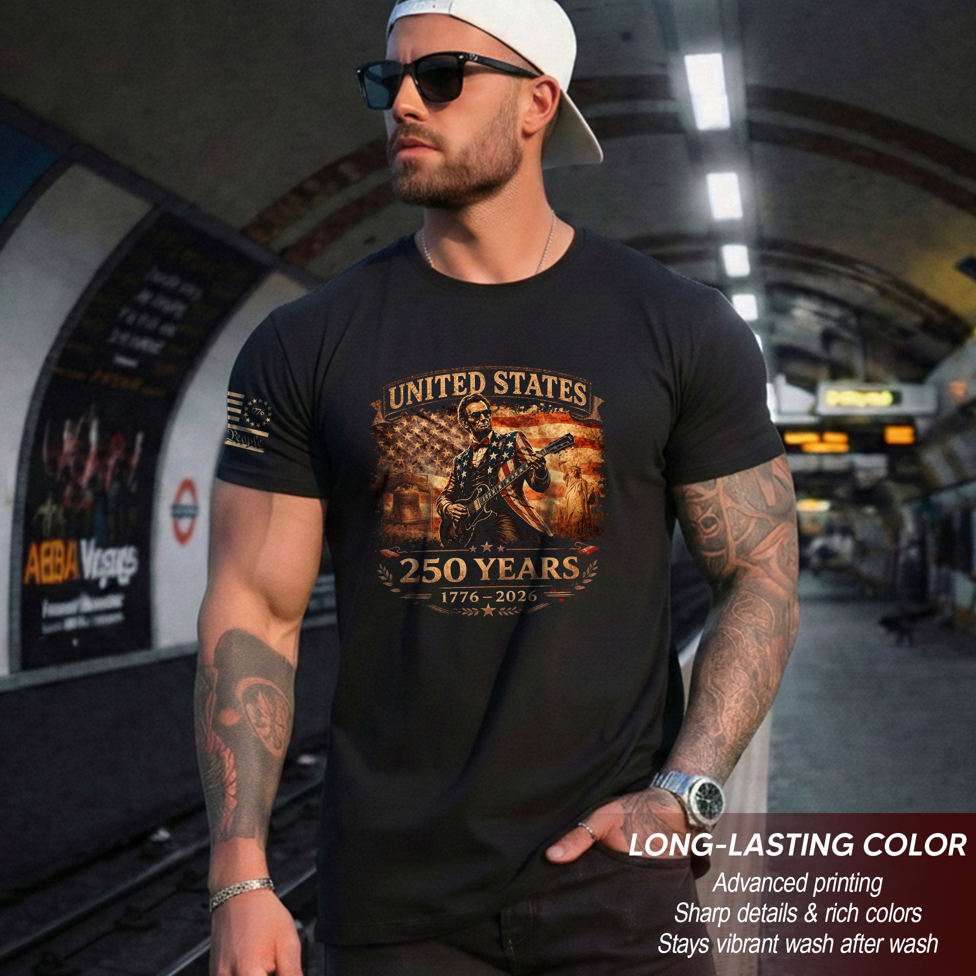 Flag Jacket Lincoln Guitar Shirt Sunglasses Liberty Bell Patriotic 1776 2026 Men Tee