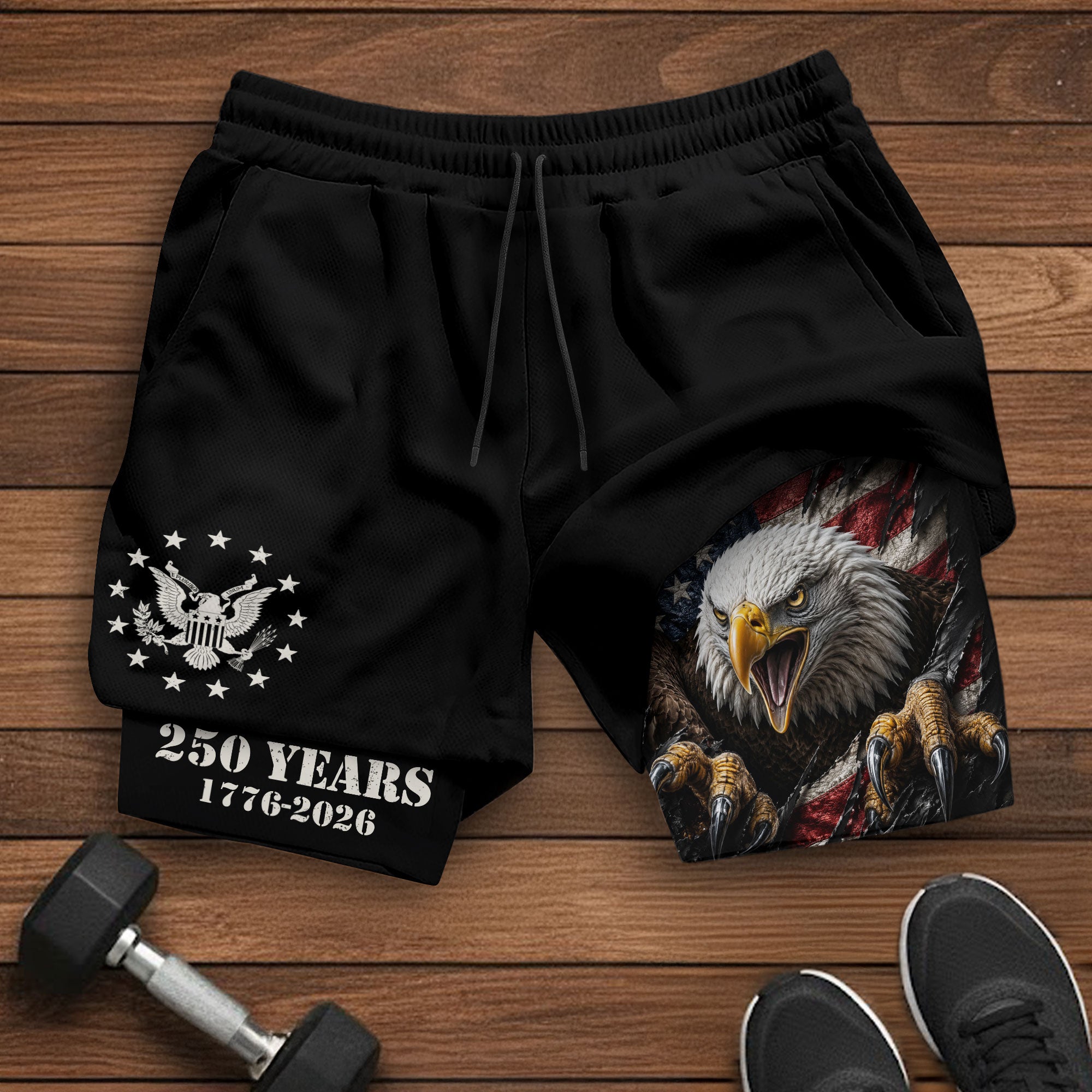 250 Years Eagle Gym Shorts 1776-2026 Patriotic American Flag Workout Shorts