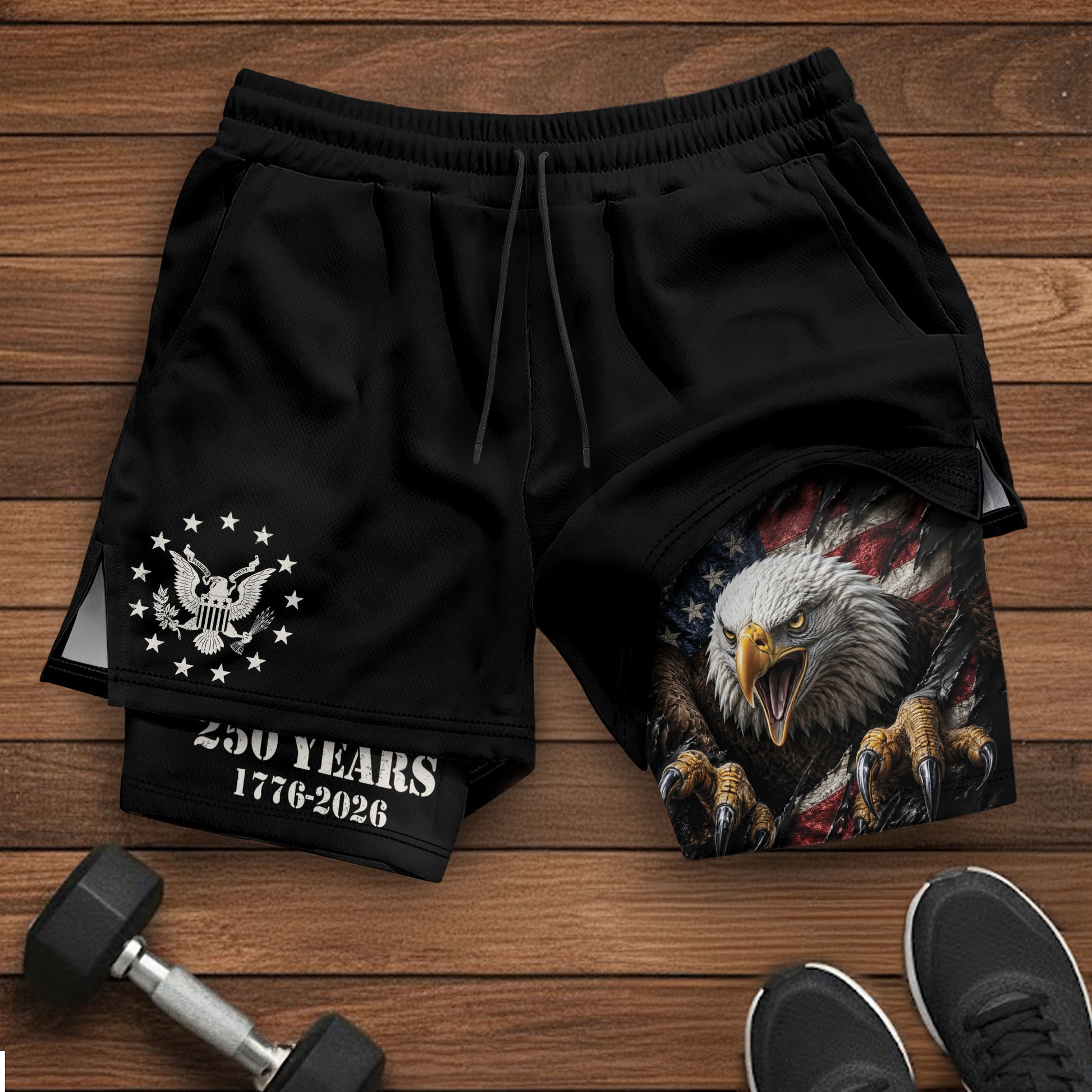 250 Years Eagle Gym Shorts 1776-2026 Patriotic American Flag Workout Shorts - Rust Field Wear