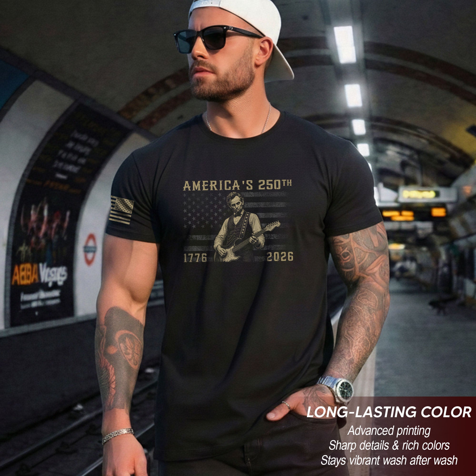 America’s 250th Anniversary Patriotic US Flag Shirt Vintage Abraham Lincoln Guitar Tee
