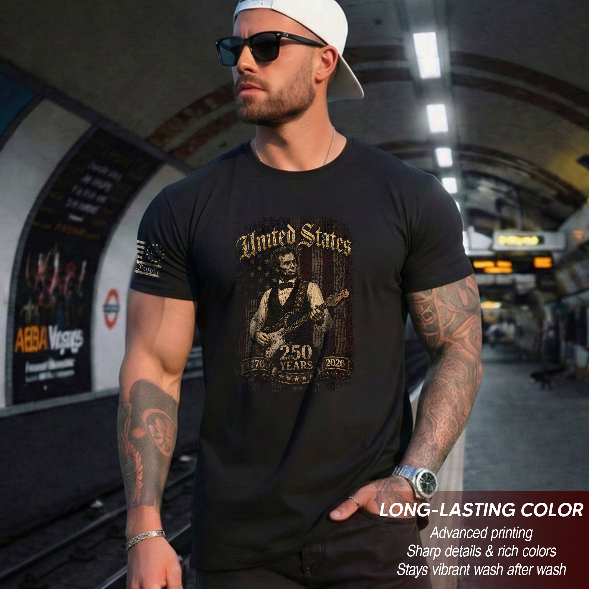 Lincoln Guitar Shirt Vintage 1776 2026 US Flag Patriotic Grunge Men Tee
