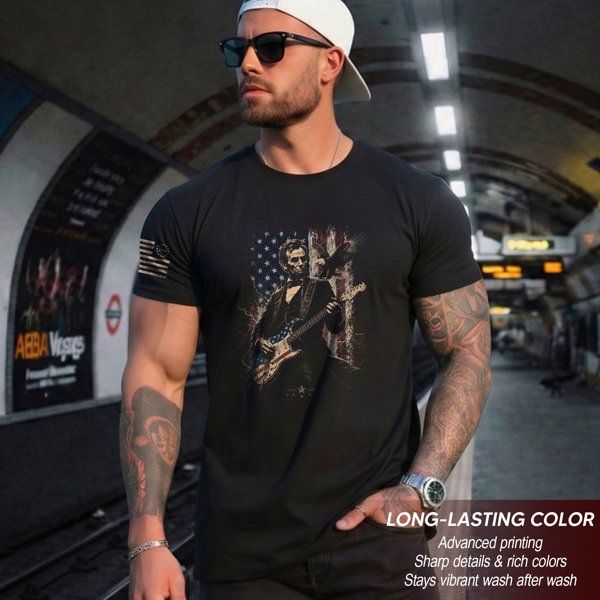 Abraham Lincoln Playing Guitar Shirt Patriotic Eagle US Flag Graphic Tee