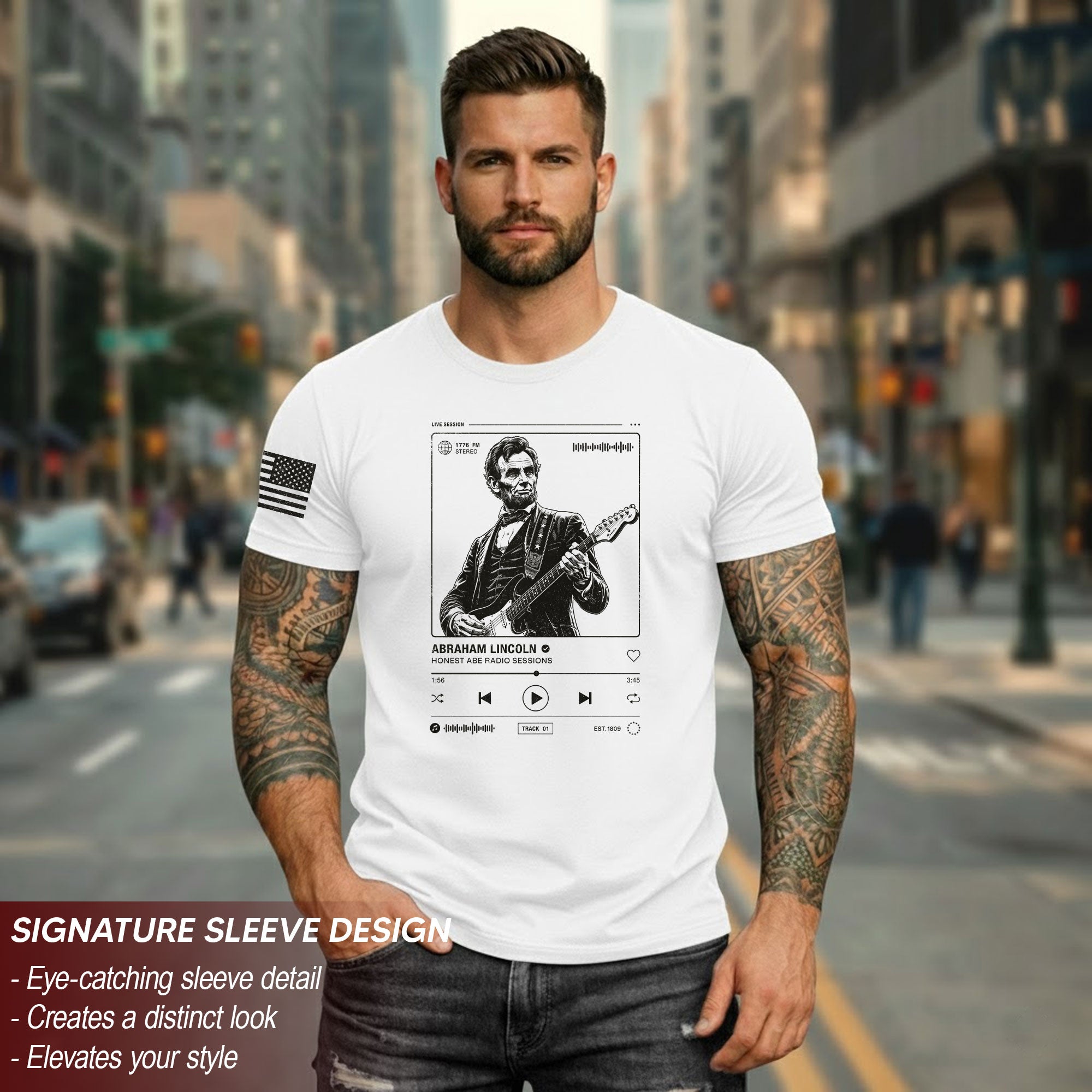 Abraham Lincoln Guitar Shirt Music Player Graphic Tee Patriotic Sketch Shirt