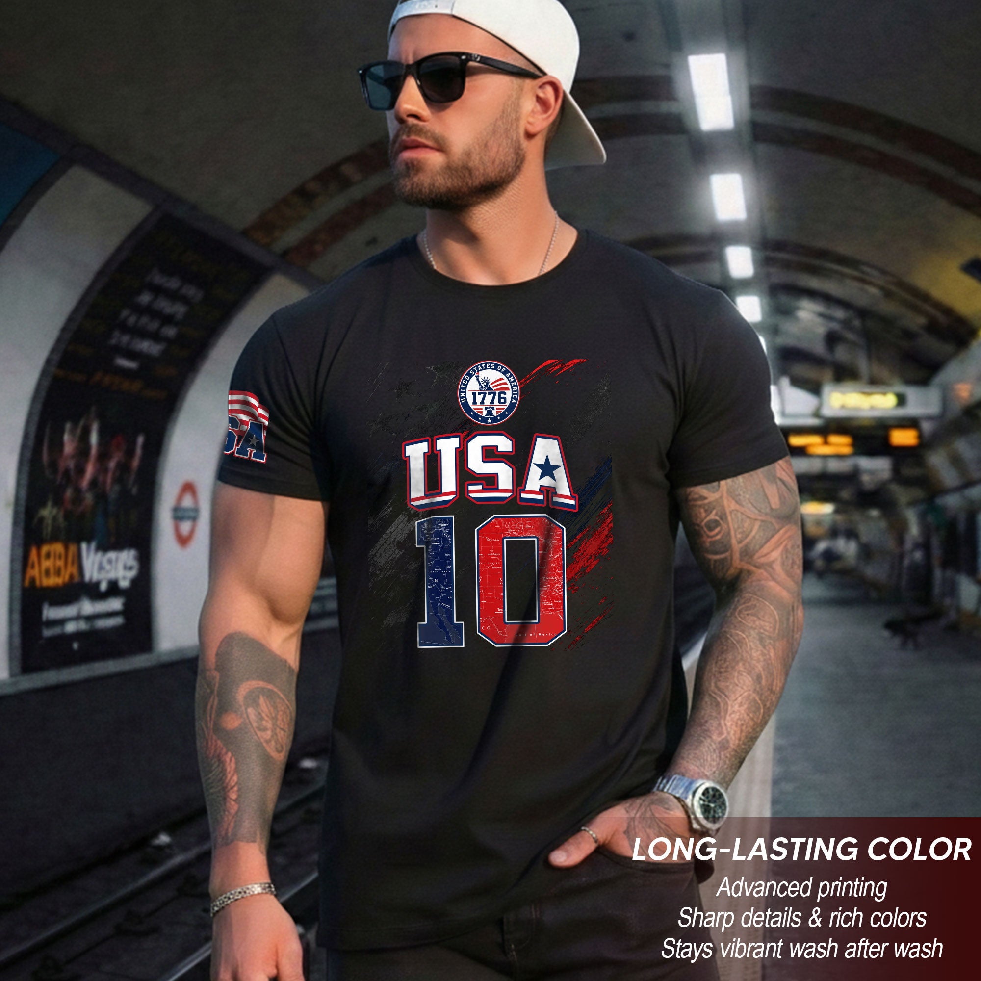 USA 1776 Sport Graphic Tee Patriotic Number 10 Map Design Casual Short Sleeve Shirt