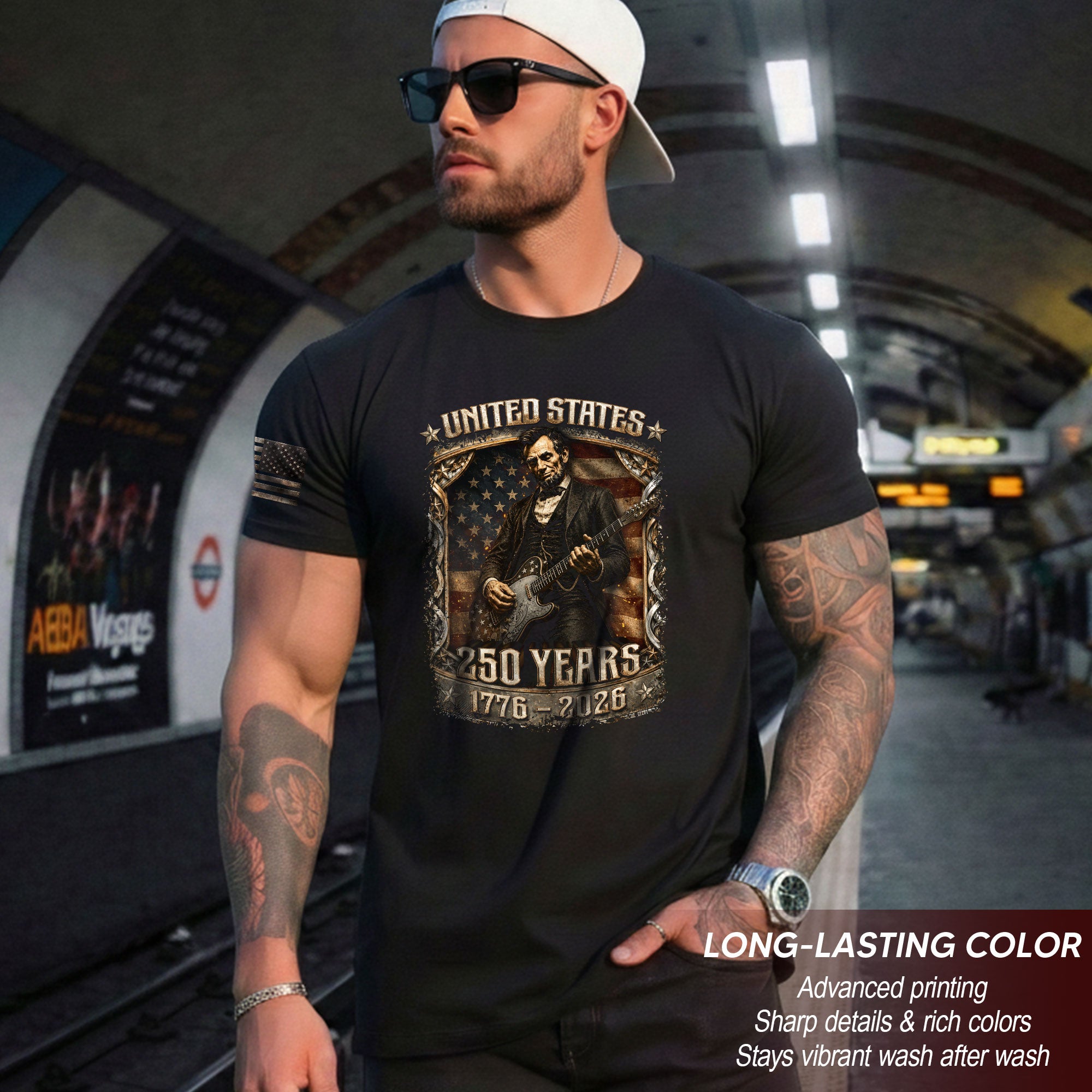 Abraham Lincoln T-Shirt Playing Guitar 1776 2026 Patriotic US Flag Retro Graphic Tee