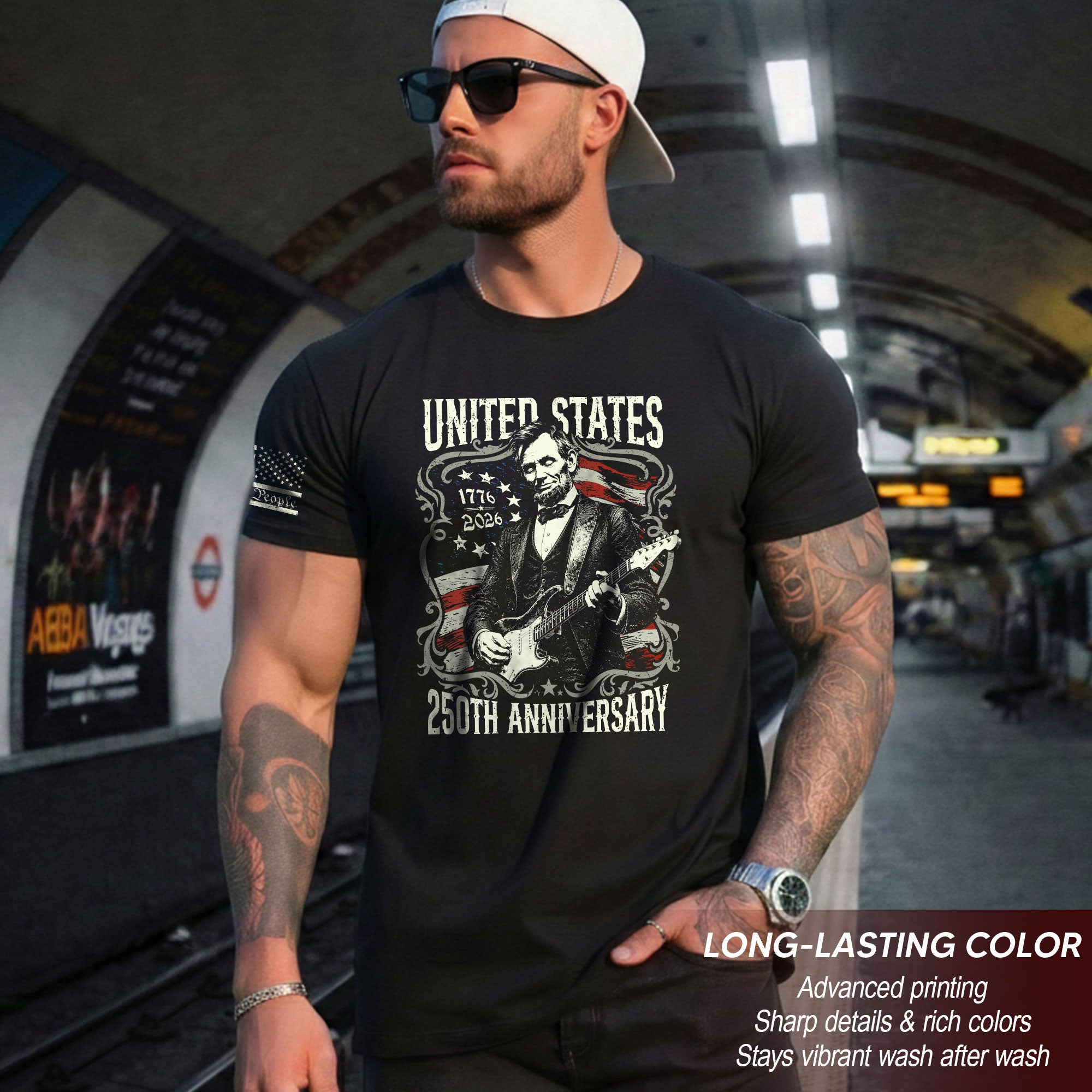 United States 250th Anniversary Shirt Abraham Lincoln Rock Guitar Patriotic Apparel