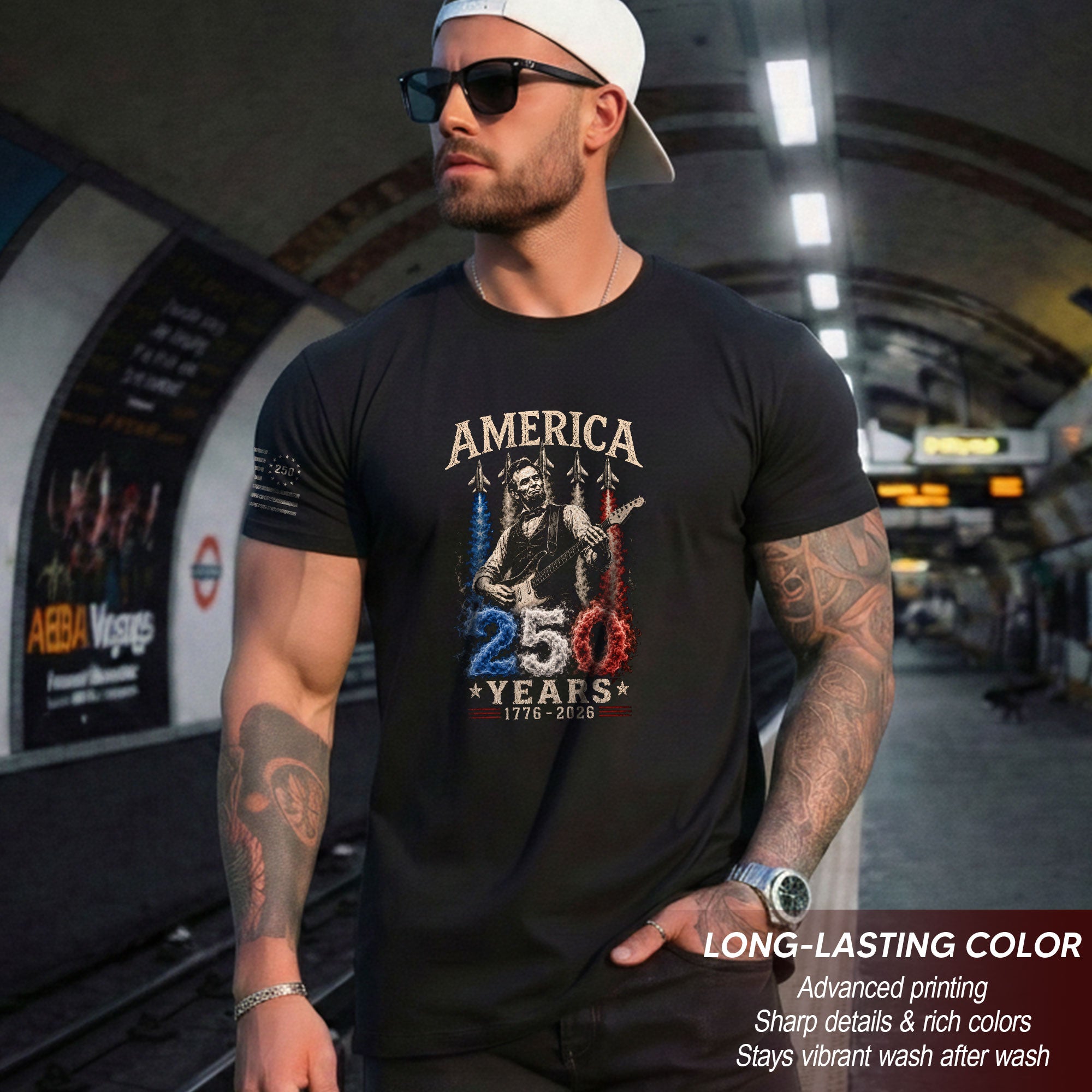 Mens T Shirt Patriotic Abraham Lincoln Guitar 1776-2026 250 Years Fighter Jet Rock Tee