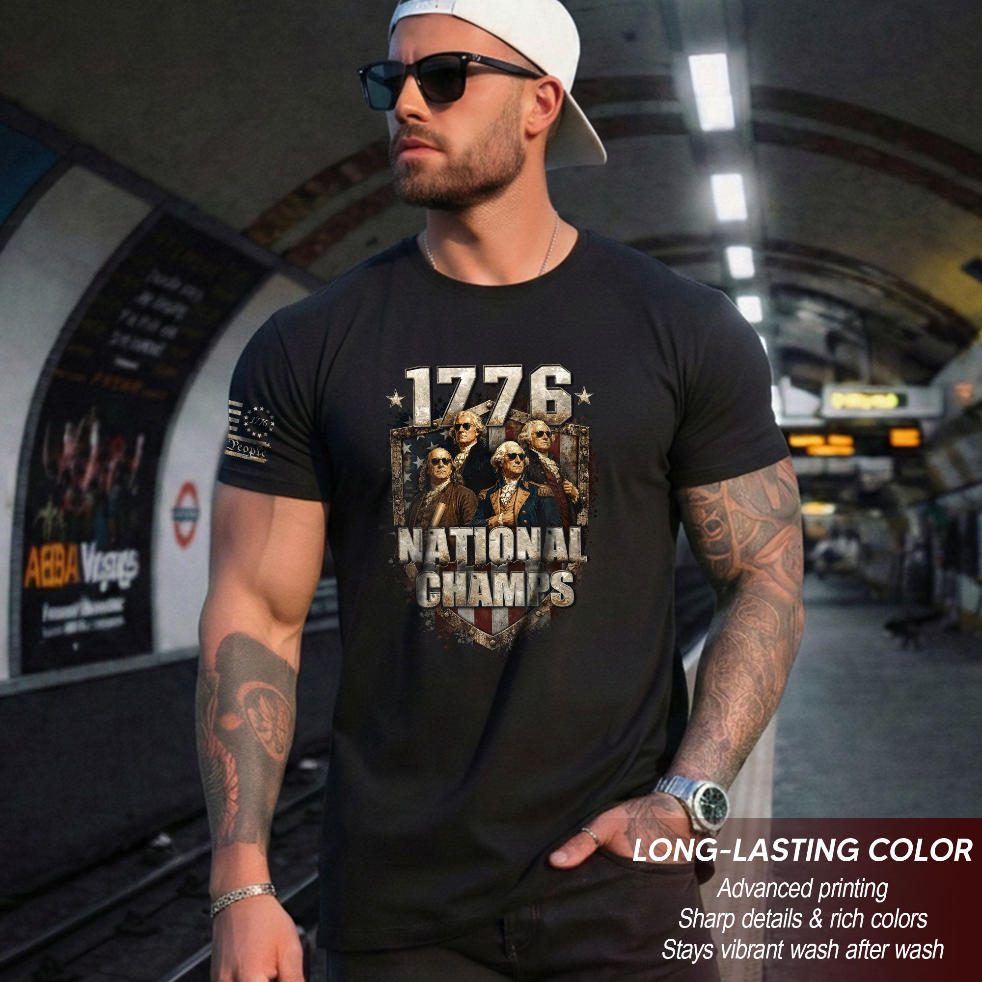 1776 National Champs Shirt Retro Patriotic Shield American Pride Independence Day Graphic Tee