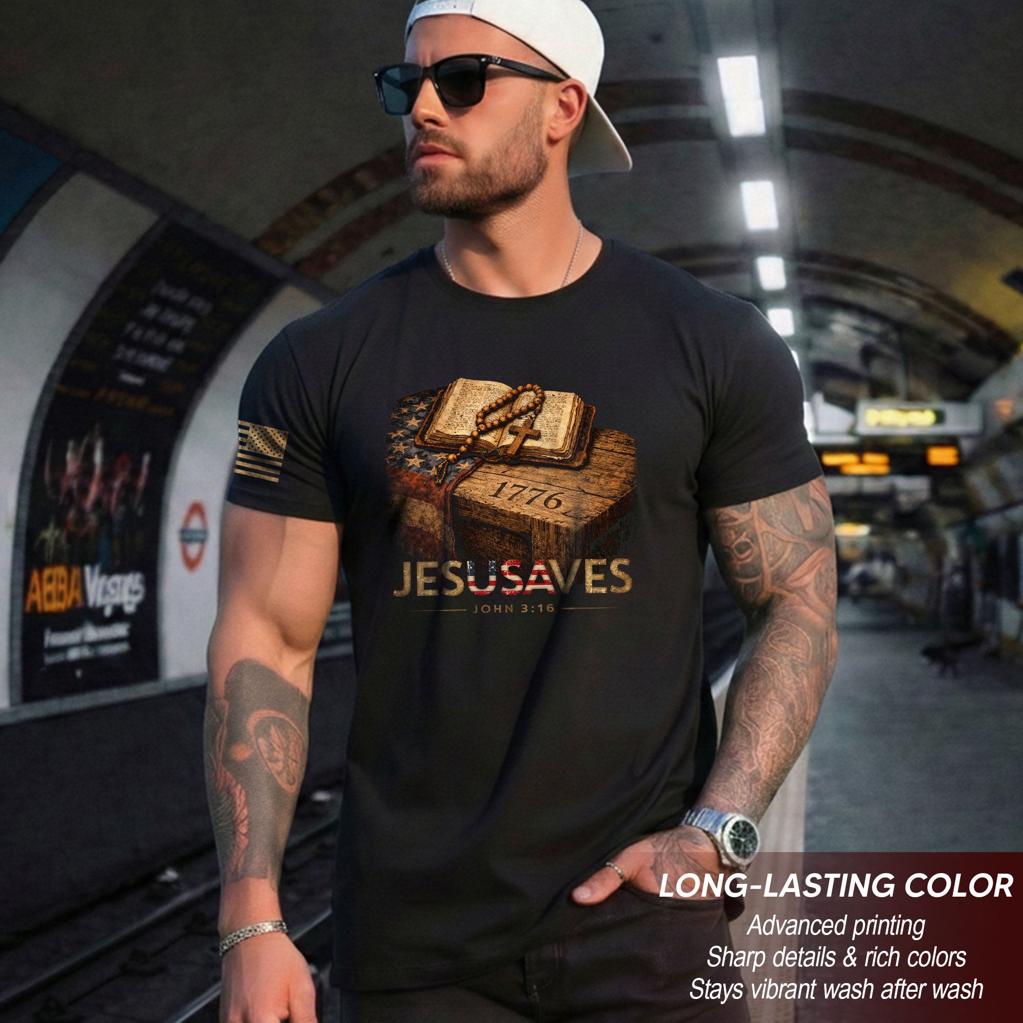 JESUSAVES 1776 Patriotic T-Shirt - Vintage American Flag Graphic Tee - Casual Apparel
