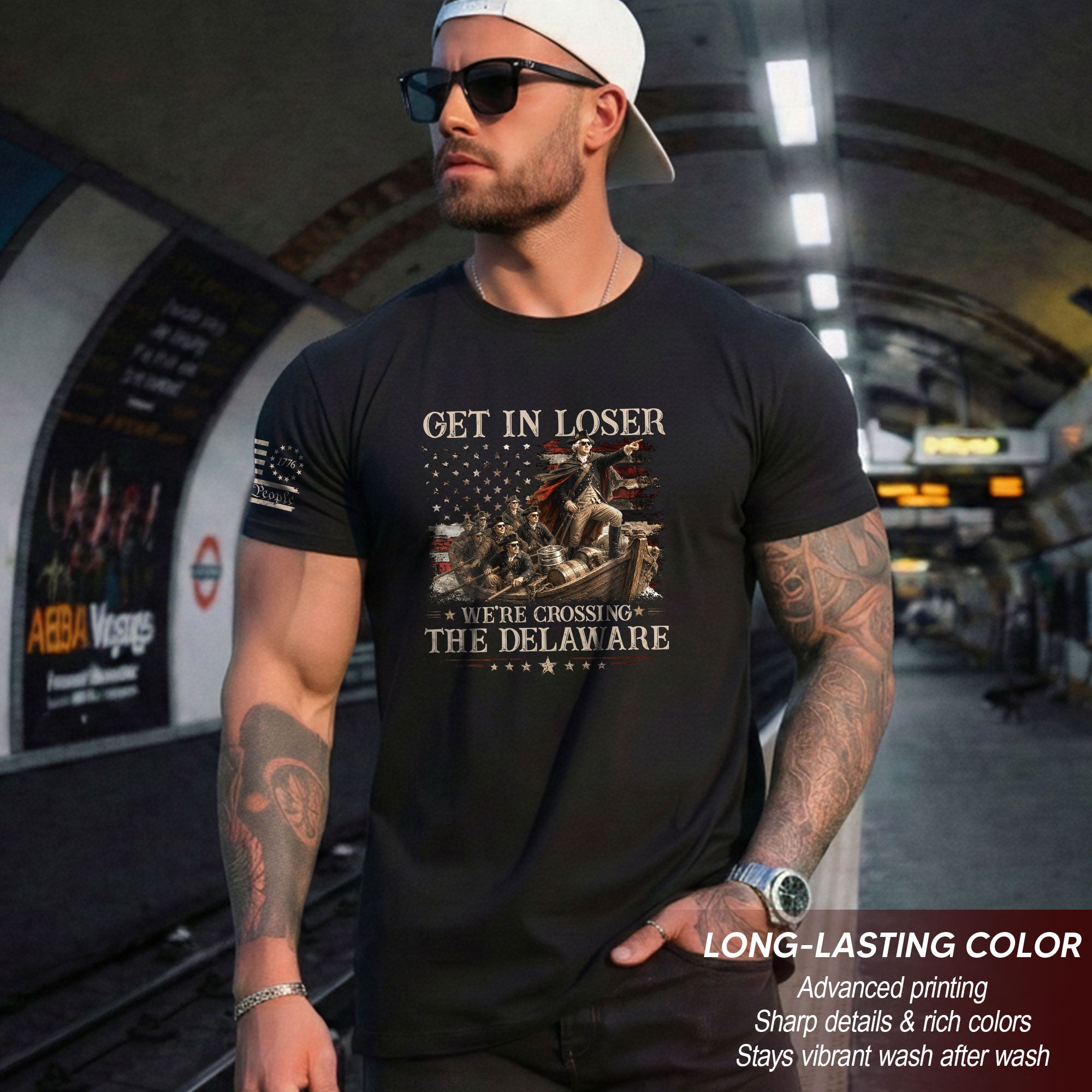 The Delaware Crossing Humorous Tee - Patriotic George Washington Cotton Graphic Apparel