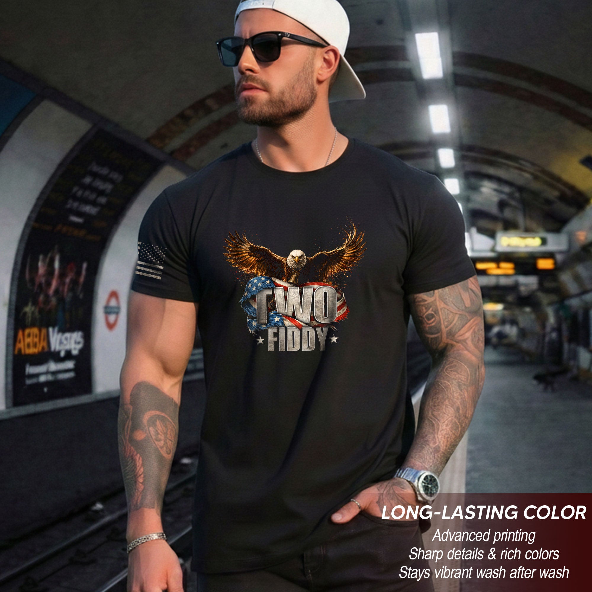 American Pride Graphic T-Shirt - Two Fiddy Eagle Flag Vintage Style Design Cotton Tee