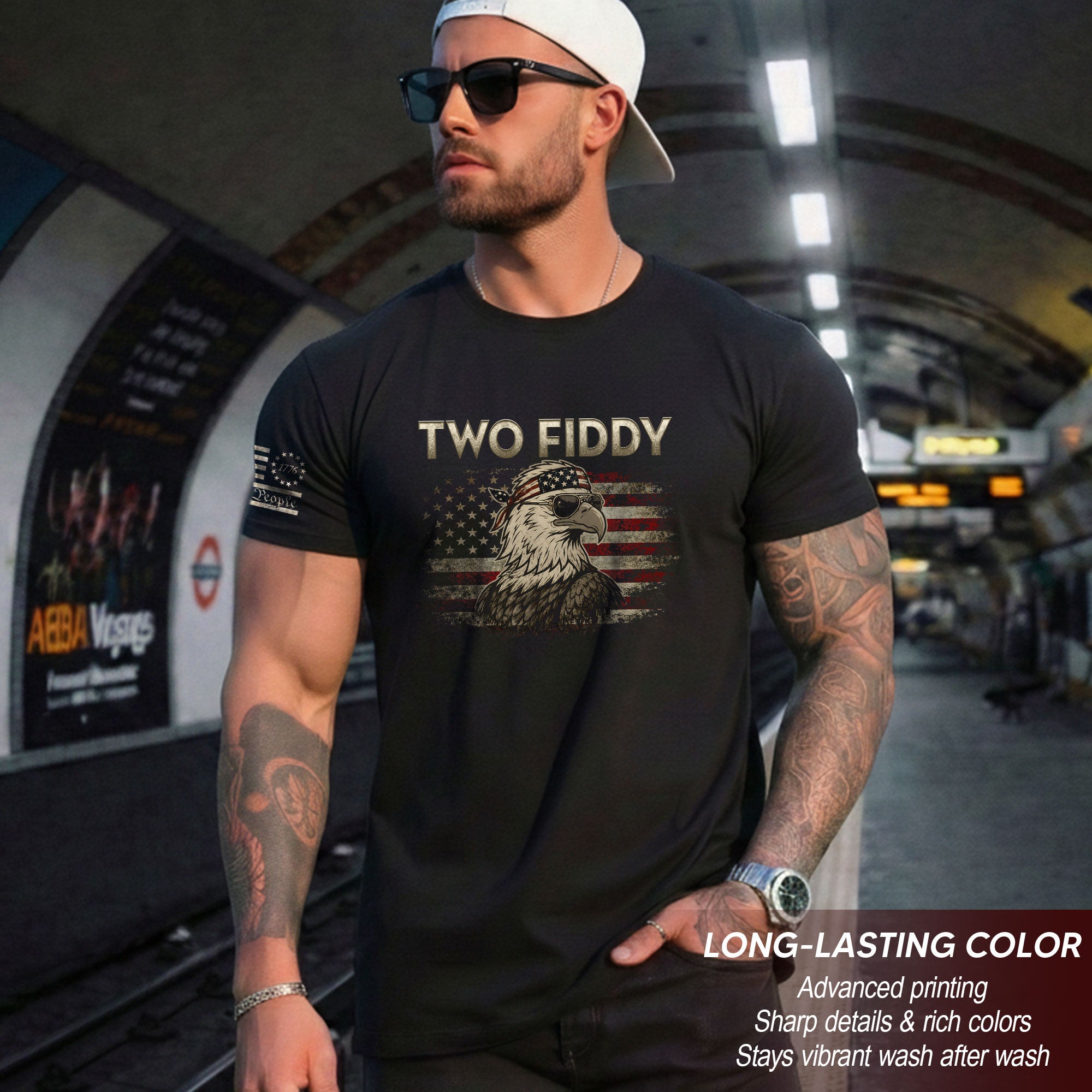 Two Fiddy Eagle Graphic Tee - Patriotic American Flag Bandana Style Men's Cotton Shirt