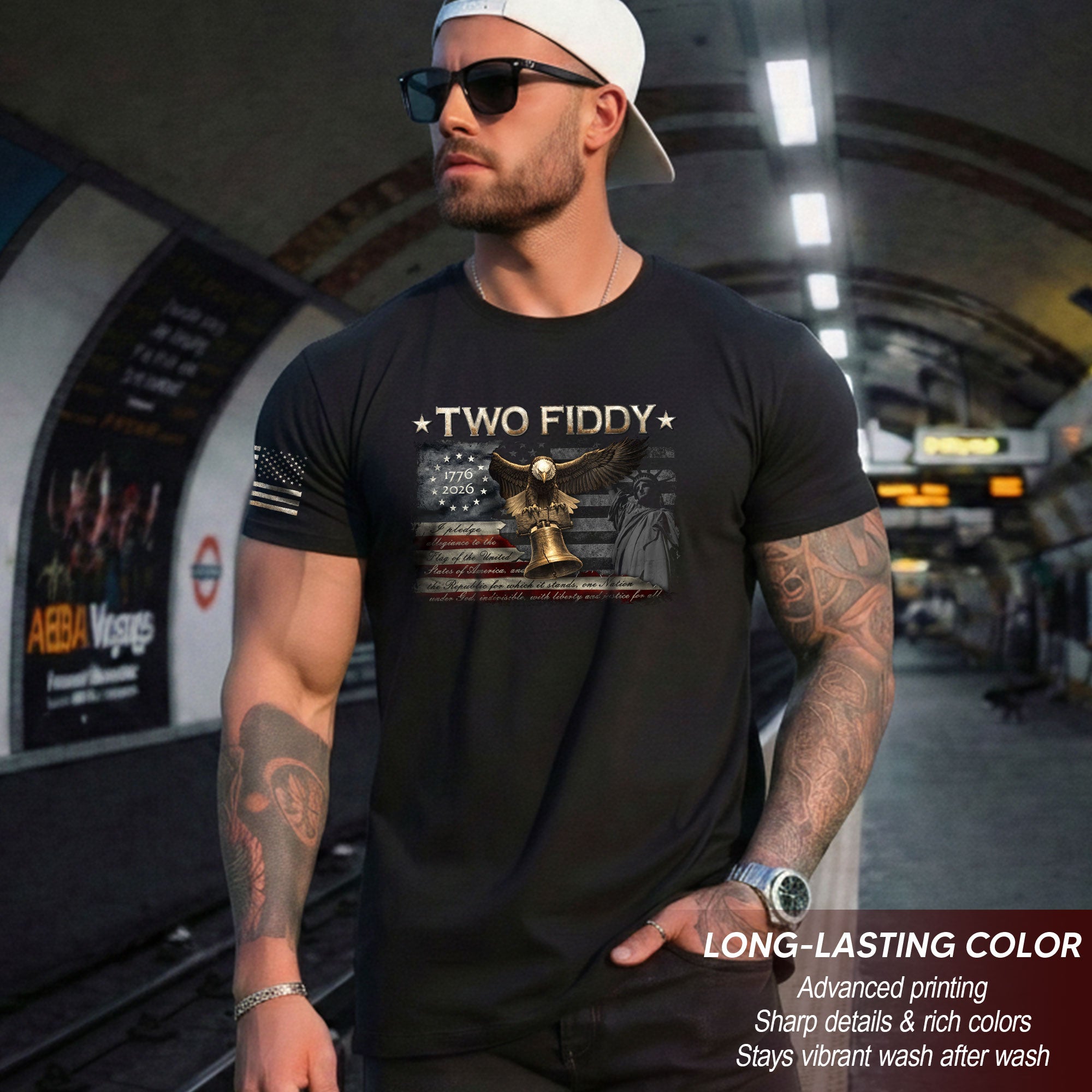 Vintage Style Eagle Liberty Bell T-Shirt - Two Fiddy American Flag Patriotic Cotton Top