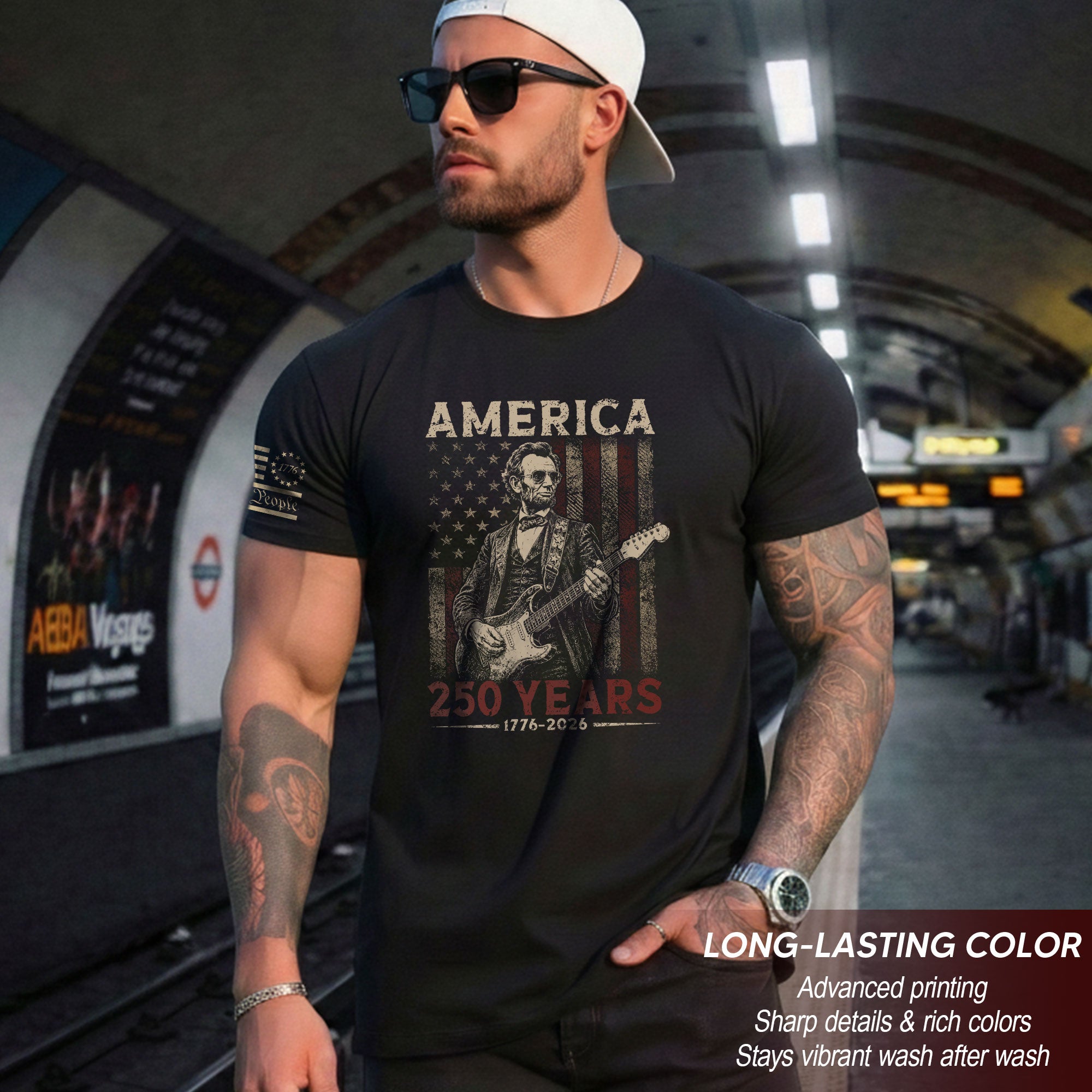 Lincoln Rock Guitar Shirt 1776 2026 Vintage US Flag Patriotic We The People Graphic Tee