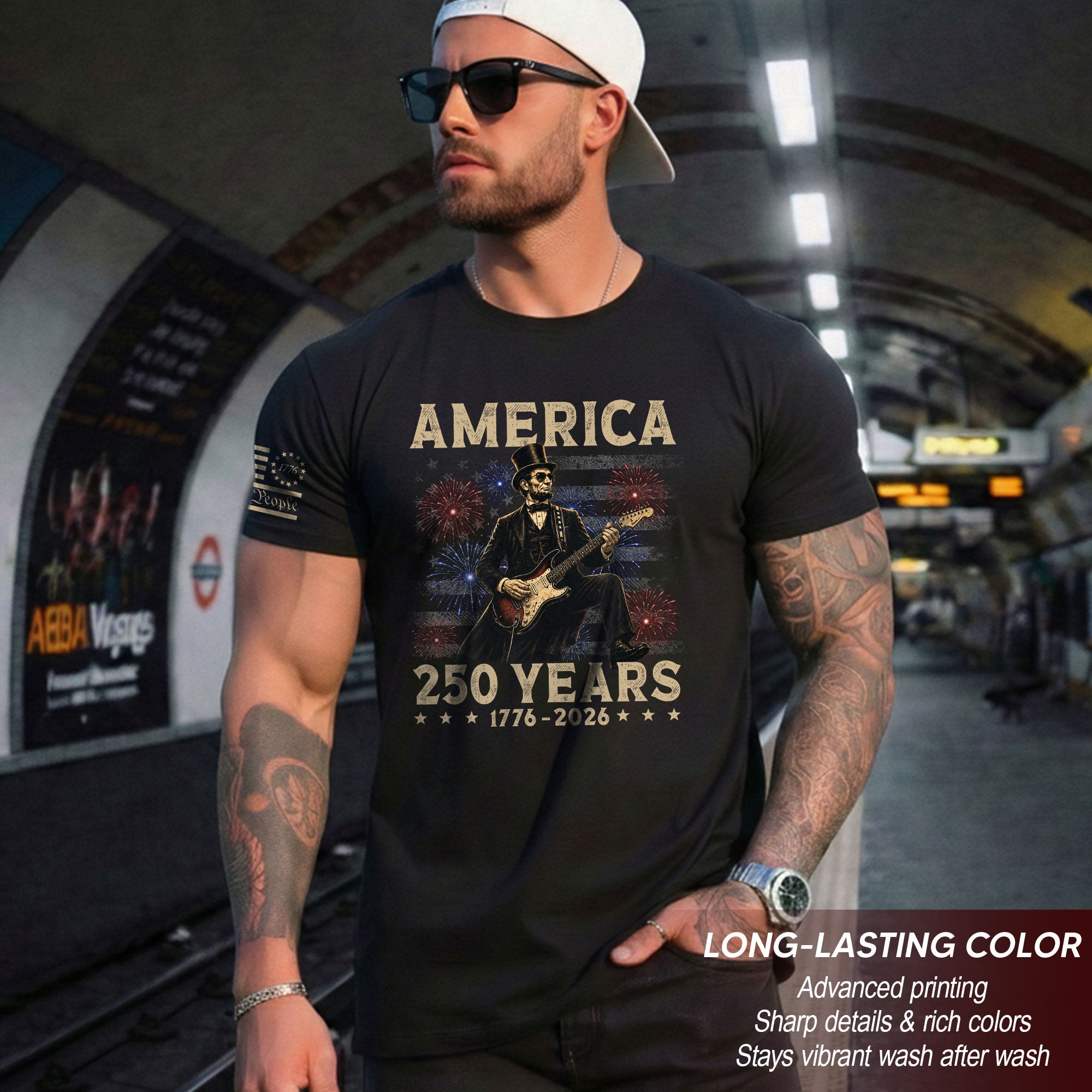 Patriotic Lincoln Electric Guitar T-Shirt 1776 2026 Vintage US Flag Tee Retro Print