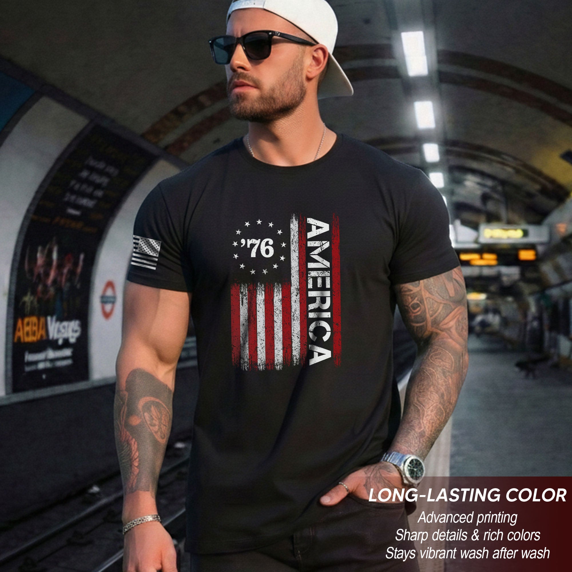 Classic Retro Style American Flag 76 Apparel Patriotic Graphic T-Shirt Holiday Wear