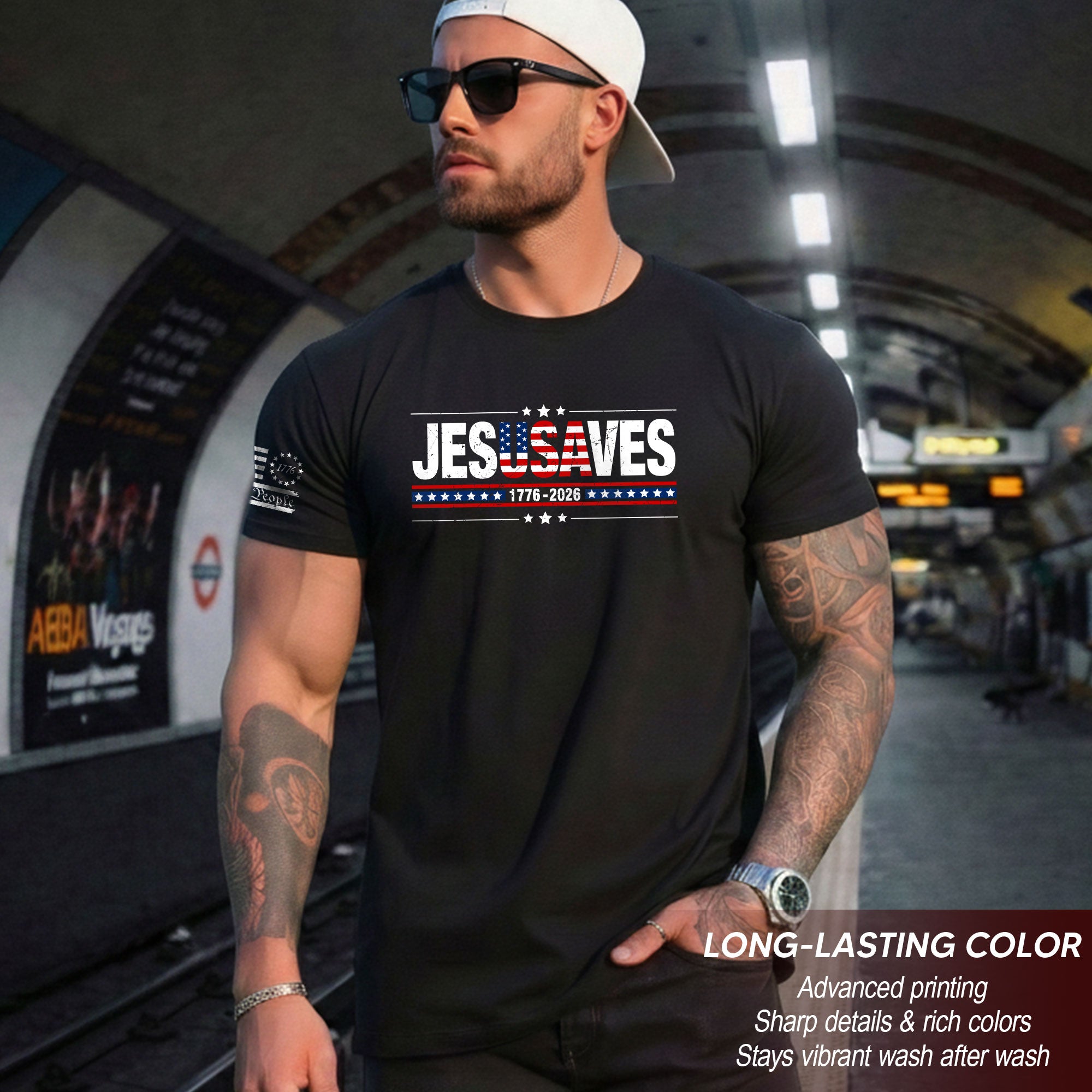 JESUSAVES T-Shirt USA Flag Patriotic 1776 2026 We The People Men Cotton Tee Shirt