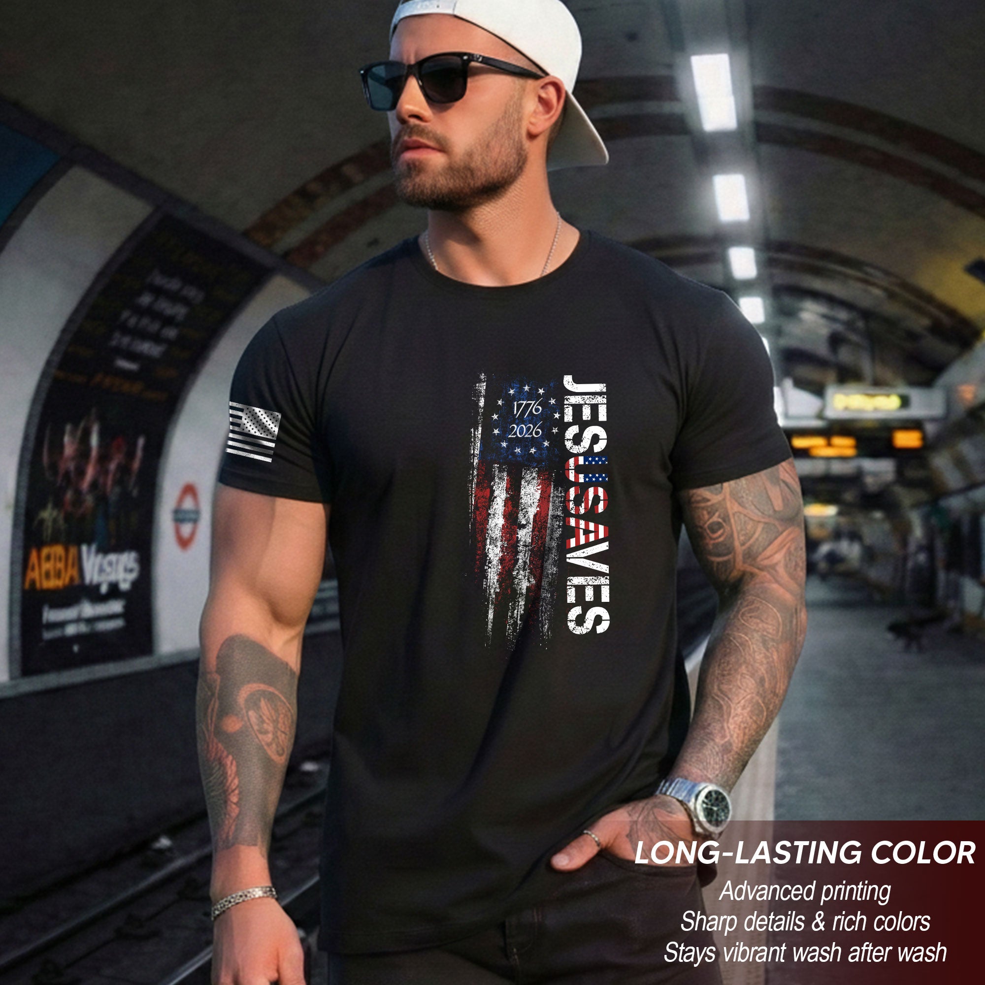JESUSAVES T-Shirt USA Flag Patriotic 1776 2026 Betsy Ross Men Cotton Tee Shirt