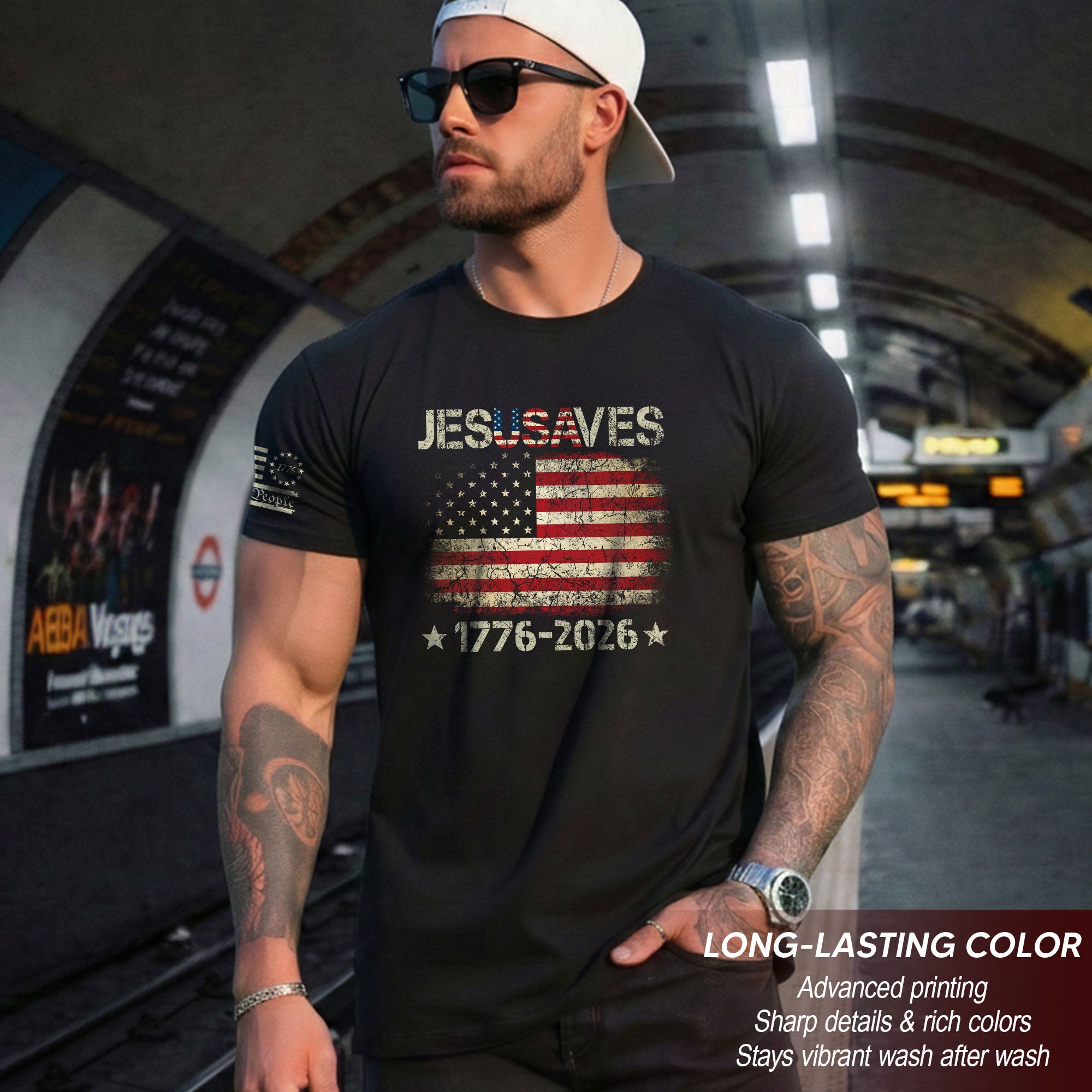 Vintage JESUSAVES USA Flag Shirt 1776 2026 We The People Men Patriotic Cotton Tee