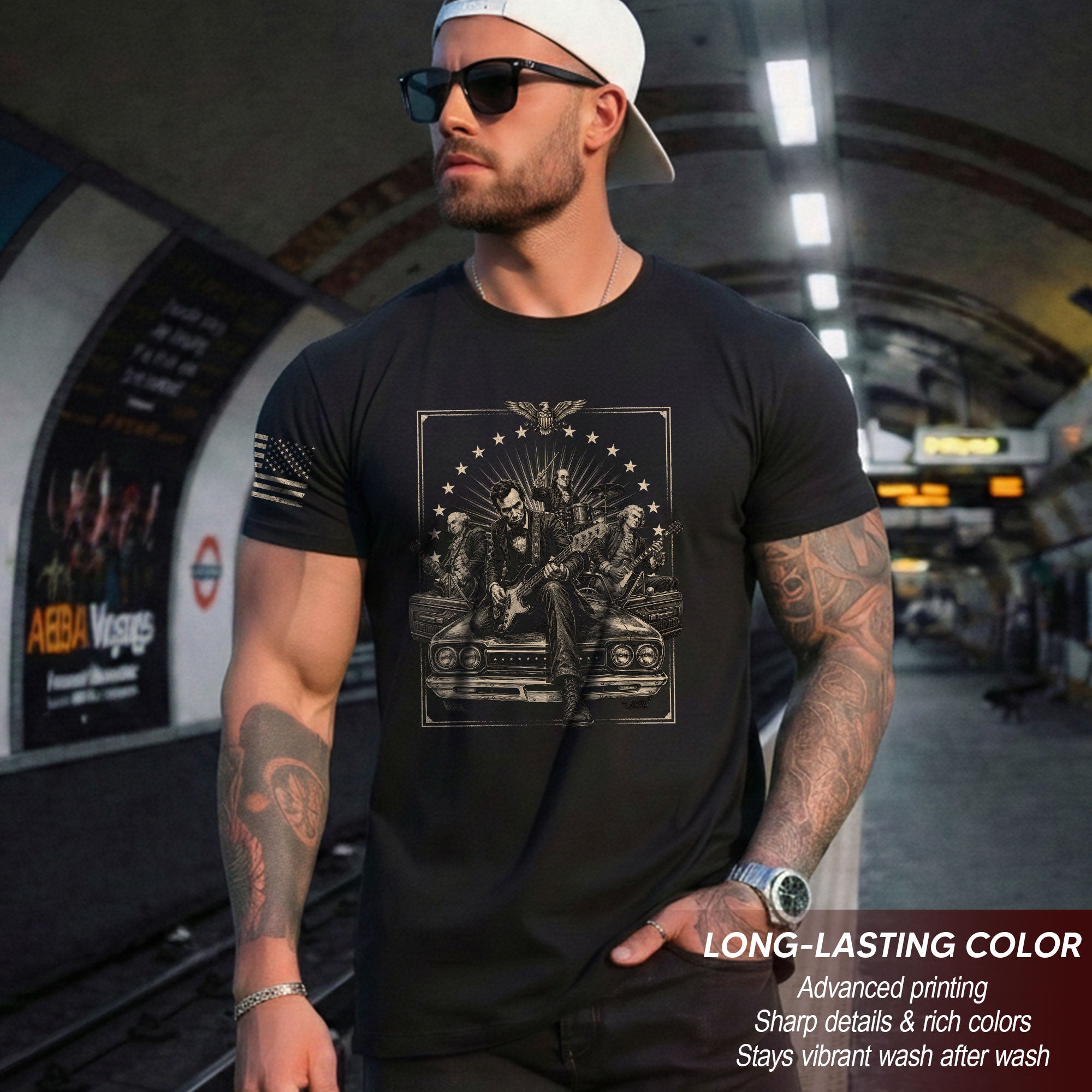 Lincoln Playing Guitar Vintage Shirt Patriotic Rock Music Graphic Sleeve Tee Gift