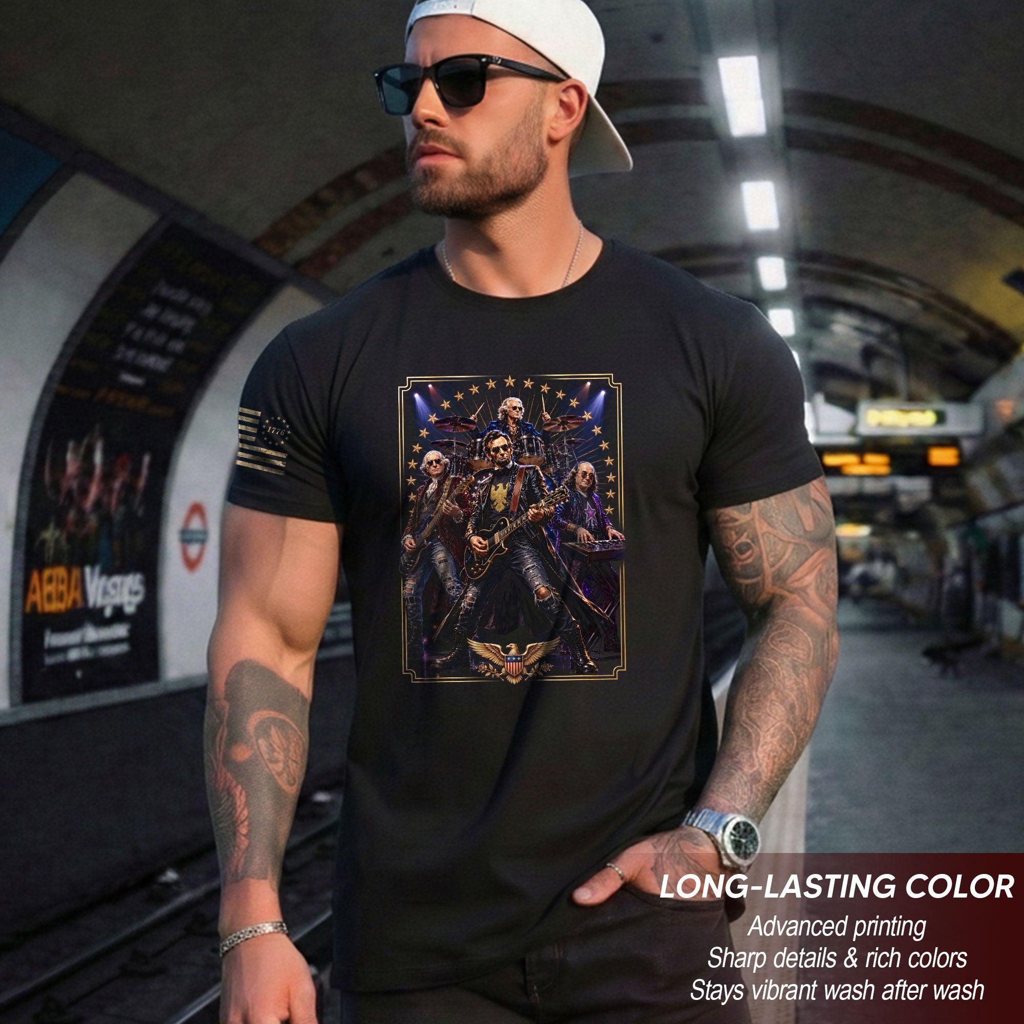 Patriotic Lincoln Guitar Player T-Shirt Vintage Rock Band Graphic Sleeve Tee