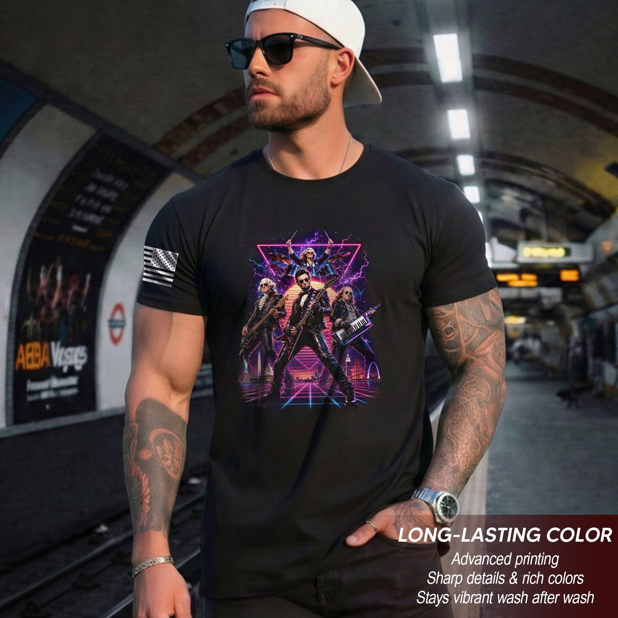 Retro Lincoln Guitar Player T-Shirt Neon Synthwave Rock Band Graphic Tee Gift
