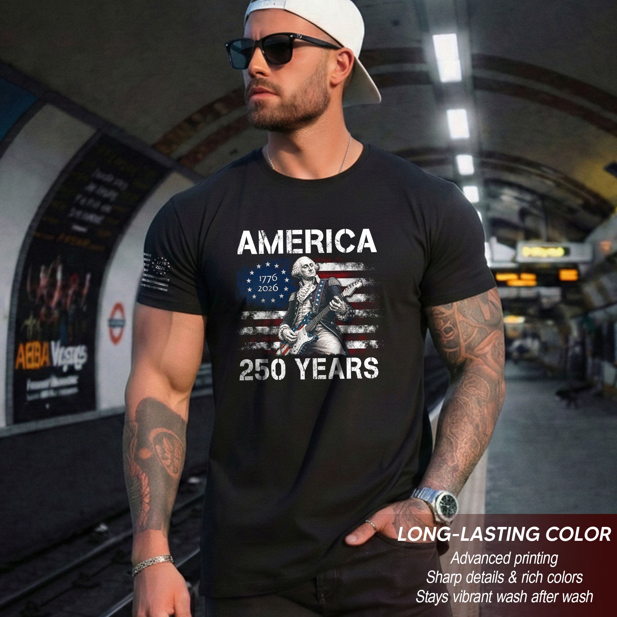 America 250 Years George Washington Playing Guitar Patriotic Flag Independence Shirt