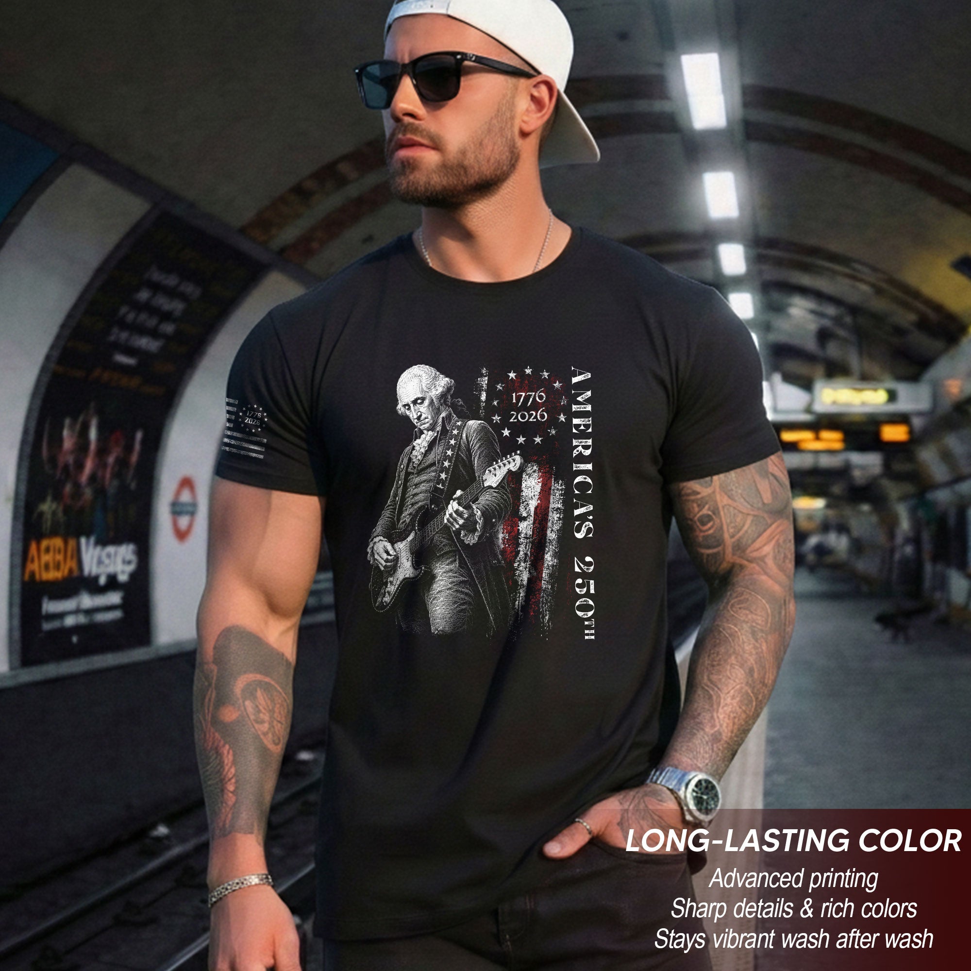 America's 250th George Washington Playing Guitar Patriotic Flag 1776-2026 T-Shirt